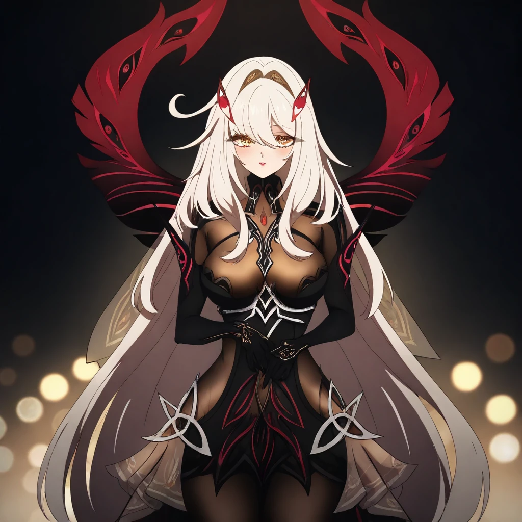 RonovaGI, 1girl, solo, curvy body, pale skin, white hair, long hair, hair clips, bangs, thick hair, golden eyes, flower-shaped pupils, pink lips, black translucent bodysuit, black strapless dress, large breast, open front skirt, thick thighs, ruffled gray translucent skirt, black feathers, black opera gloves, black high-heeled shoes, dark red wings with eye-shaped holes, black translucent pantyhose, hair ornament, masterpiece, best quality, fine details, intricate details, depth of field, subsurface scattering, bokeh, ultra-detailed, very aesthetic, detailed background, newest, scenery, highres, absurdres, colorful, vibrant, glowing, perfect face, 2d, perfect eyes, vibrant saturated colors, volumetric lighting, sharp, detailed eyes, perfect anatomy, perfect face, perfect eyes, mature body, clear eyes, beautiful eyes, athletic, curvy body, athletic girl, perky tits, perfect tits, round breasts, pinup pose, teasing, lustful expression, perfect hands, muscular female,