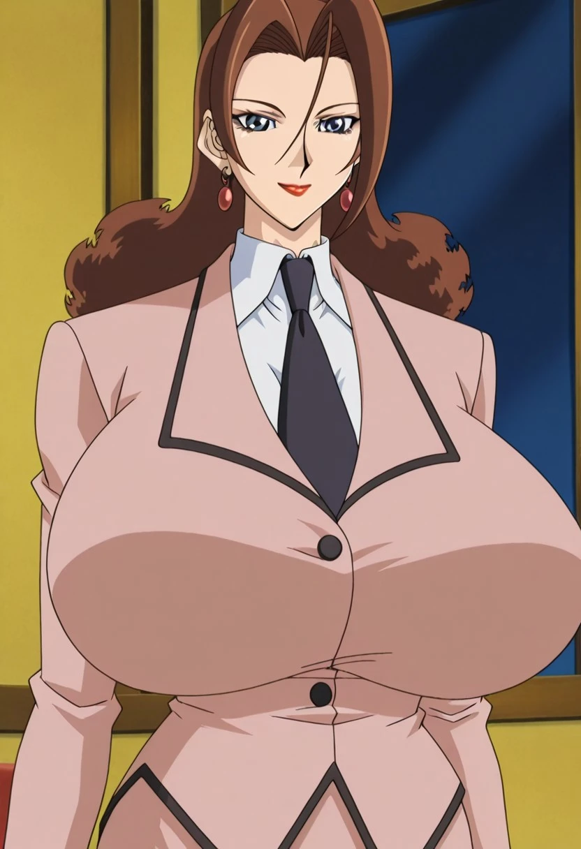 anime screencap,anime coloring,from front,1girl,solo,Linda,brown hair,long hair,blue eyes,makeup,lipstick,jewelry,earrings,formal,jacket,long sleeves,necktie,pencil skirt,gigantic breasts,smile,closed mouth