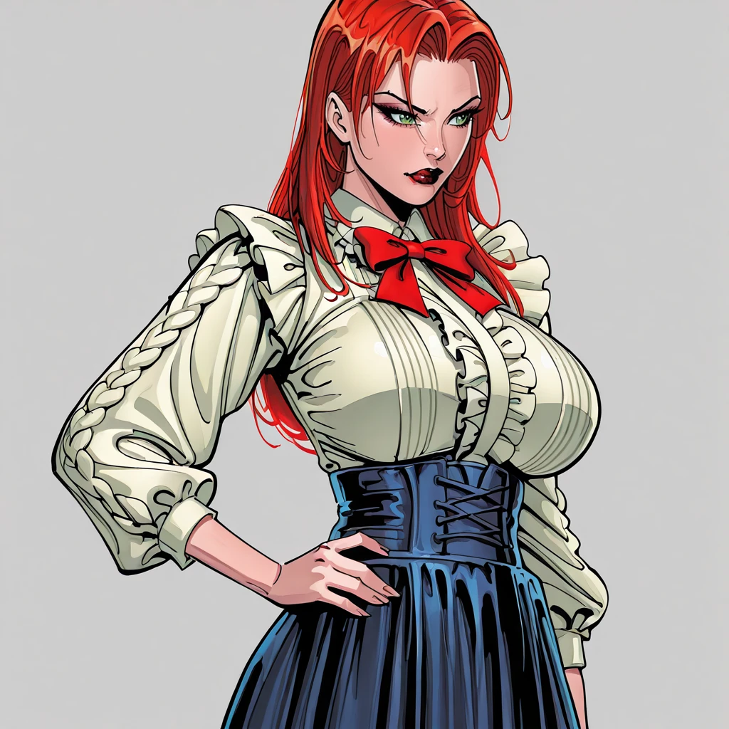 <lora:Amelia_illustrious_v1:1>AmeliaRedHair, 1girl, red hair breasts, green eyes, makeup, lipstick, cowboy shot, <lora:virgin-killer-outfit-illustriousxl-lora-nochekaiser:1> virgin killer outfit, meme attire, high-waist skirt, center frills, frilled shirt, underbust, aran sweater, frilled shirt collar, red bowtie, frills, skirt,