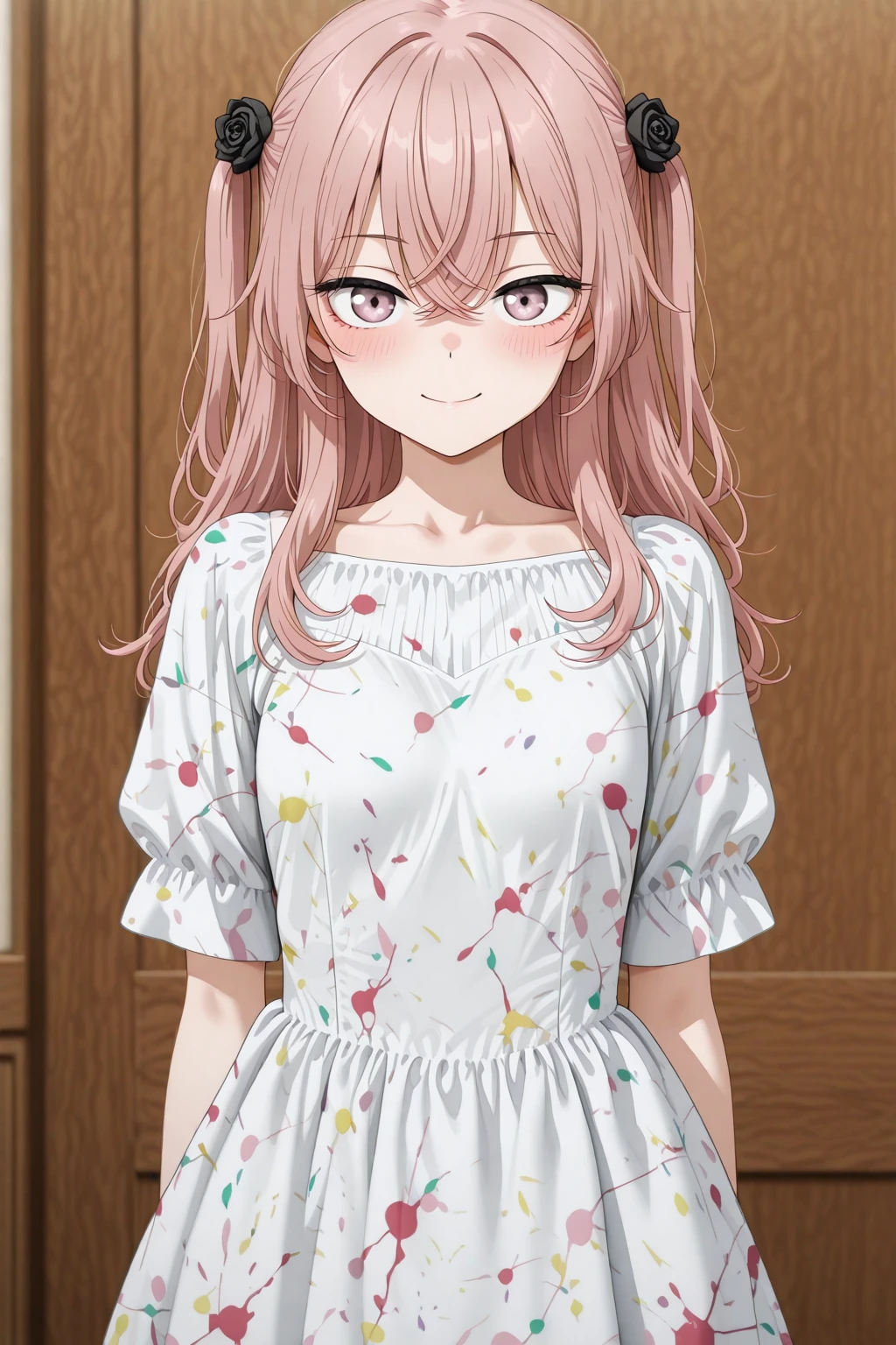 masterpiece, best quality, amazing quality, 1girl, solo, makeup, general, cowboy shot, looking at viewer, blush, smile, boutique, indoors, fancy, blush, lovely, looking at viewer, <lora:sajuna-inui-s1-illustriousxl-lora-nochekaiser:0.8>, sajuna inui, inui sajuna, long hair, bangs, hair ornament, hair between eyes, pink hair, pink eyes, two side up, crossed bangs, hair flower, black rose, mature female, small breasts, <lora:Paint_Splatter_Print_Dress:1.1>, Paint_Splatter_Print_Dress, white dress, print dress, multicolored dress, short sleeves, paint on clothes, <lora:wai-2Rectified-V140:1>, <lora:illustrious_noobai_epsilon_pred_1_masterpieces_v1:1>