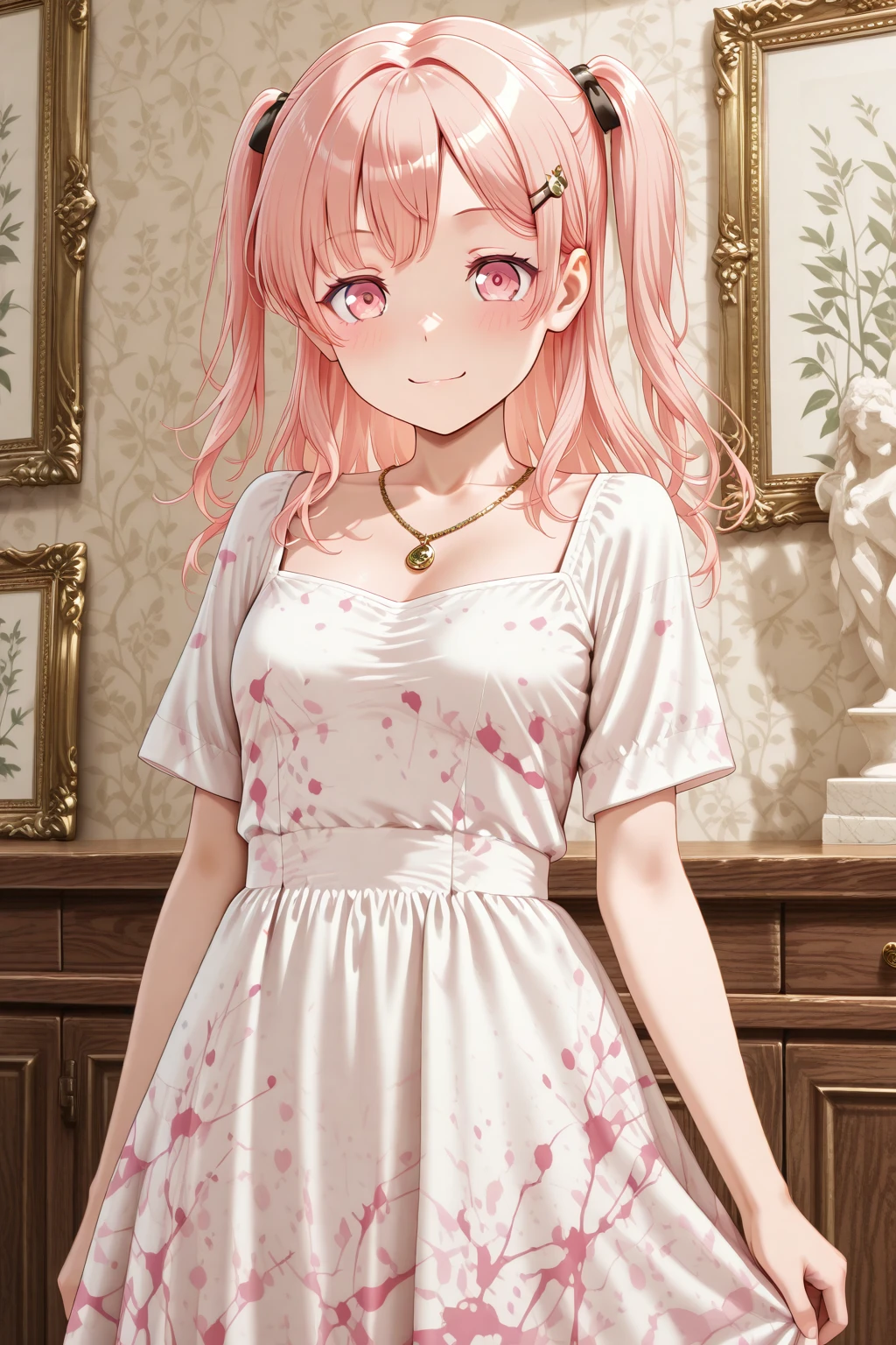 masterpiece, best quality, amazing quality, 1girl, solo, makeup, general, cowboy shot, looking at viewer, blush, smile, far angle, atelier, indoors, fancy, windows, sculpture, art drawing, drawing \(object\), blush, lovely, looking at viewer, <lora:Hiromachi_Namami_Ban_Dori:1>, Hiromachi_Namami_Ban_Dori, pink eyes, pink hair, long hair, breasts, two side up, hair ribbon, hairclip, <lora:Paint_Splatter_Print_Dress:1.1>, Paint_Splatter_Print_Dress, white dress, print dress, multicolored dress, short sleeves, paint on clothes, jewelry, necklace, <lora:wai-2Rectified-V140:1>, <lora:illustrious_noobai_epsilon_pred_1_masterpieces_v1:1>