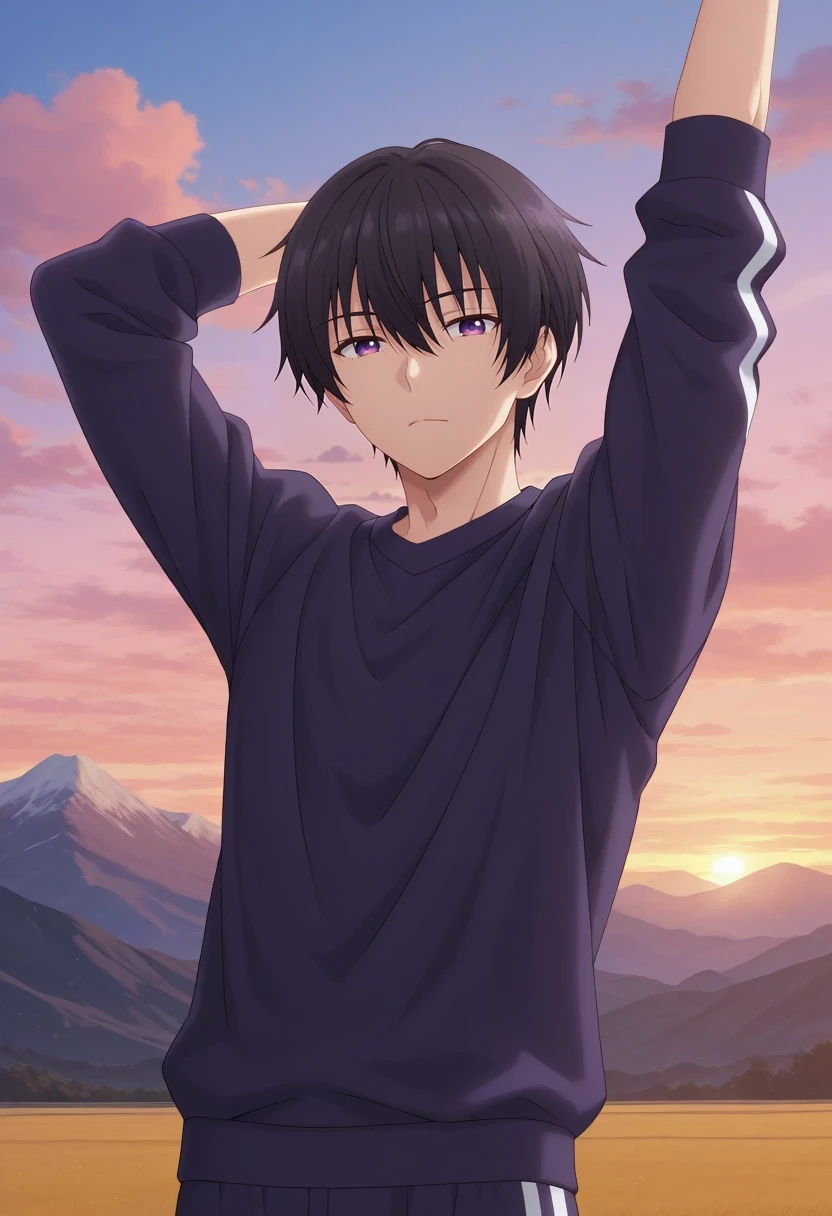 masterpiece, best quality, amazing quality, very aesthetic, high resolution, ultra-detailed, absurdres, newest, colorful, highest detailed, very awa, , anime screencap, , , looking at viewer, 1boy, solo, male focus, <lora:amane_fujimiya_ilxl:1>, amane_fujimiya, black hair, purple eyes, short hair, bangs, hair between eyes, , stretching, peaceful expression, mountaintop sunrise, athletic wear, golden hour light, panoramic shot, rolling clouds, distant peaks, fresh breeze, tranquil, inspiring, detailed scenery, sharp focus, vibrant sky, clear air