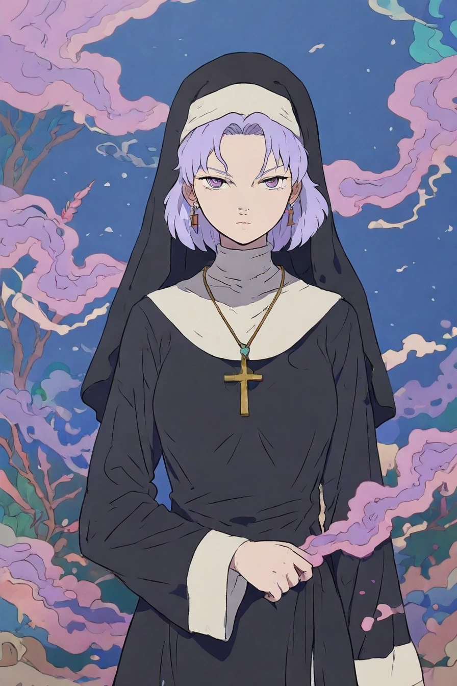 1girl, solo, alone, nun, cross necklace, <lora:mononoke_style_illustriousXL-000023:1>, mononoke_style, masterpiece, highres