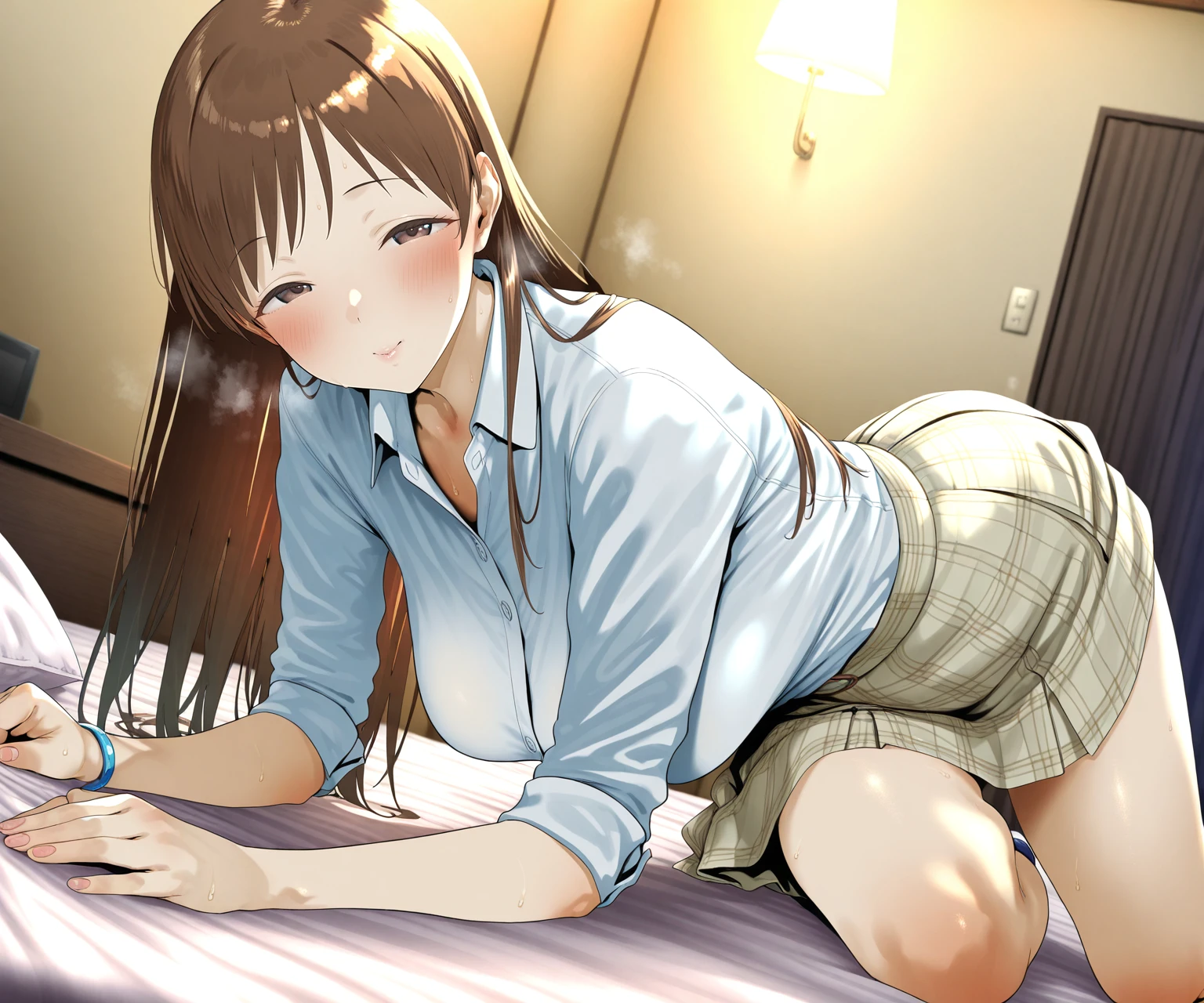 (masterpiece:1.2, best quality:1.1, highres,absurdres, high quality),reflected light, colorful,ultra-detailed,  super detailed, 
long hair, black hair, ponytail, parted bangs, brown eyes, smile, living room, sitting on bean bag chair,   from side, (bowl of popcorn):1.2, white shirt, short sleeves, sweater vest, yellow vest, plaid skirt, green skirt,watching television, bean bag,
 <lora:kujou_rin_v1:0.7>