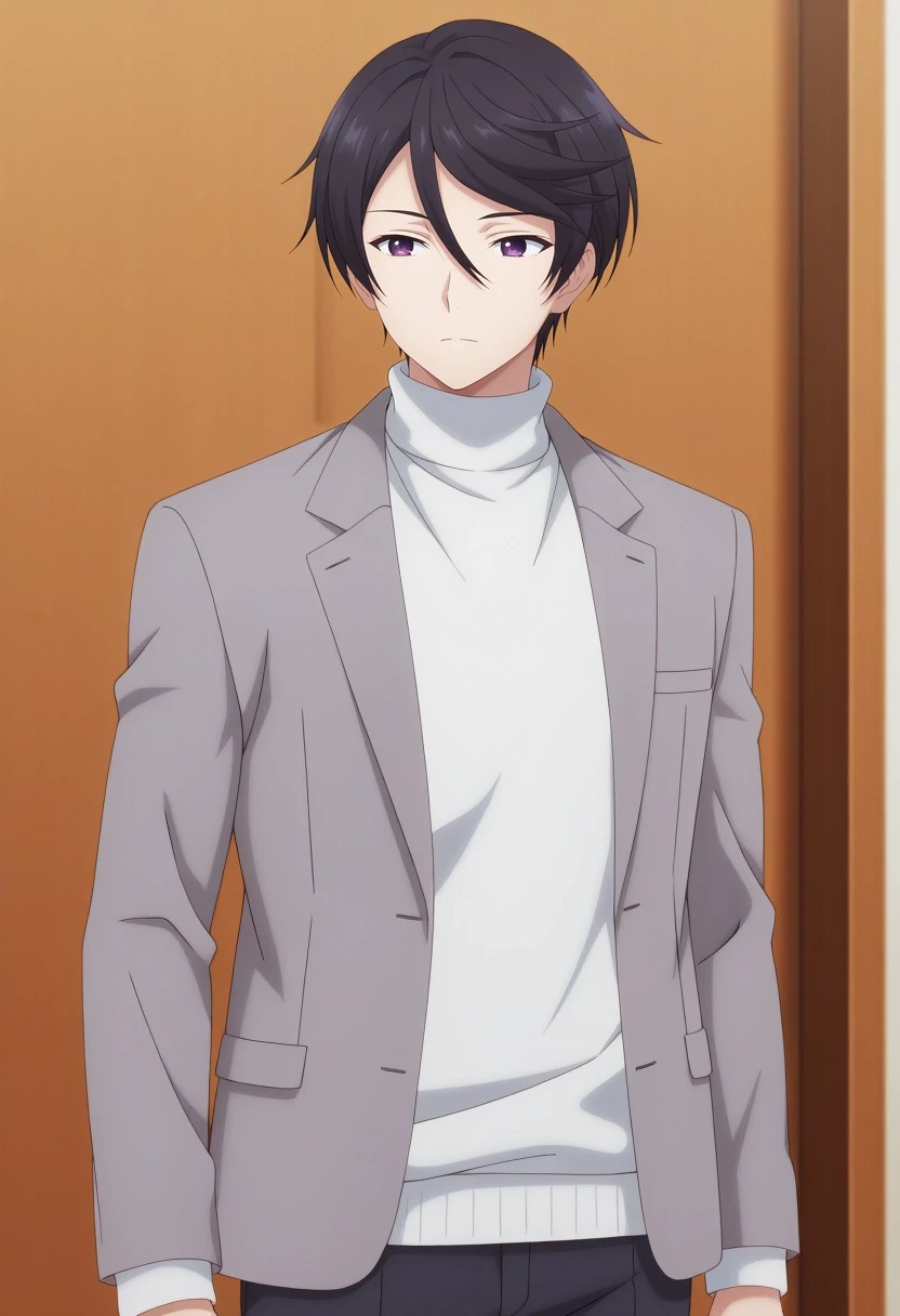 masterpiece, best quality, amazing quality, very aesthetic, high resolution, ultra-detailed, absurdres, newest, colorful, highest detailed, very awa, anime screencap, official style, anime coloring, cowboy shot, 1boy, solo, male focus, <lora:amane_fujimiya_ilxl:0.9>, amane_fujimiya, black hair, purple eyes, short hair, bangs, hair between eyes, swept bangs, turtleneck sweater, white sweater, grey jacket,
