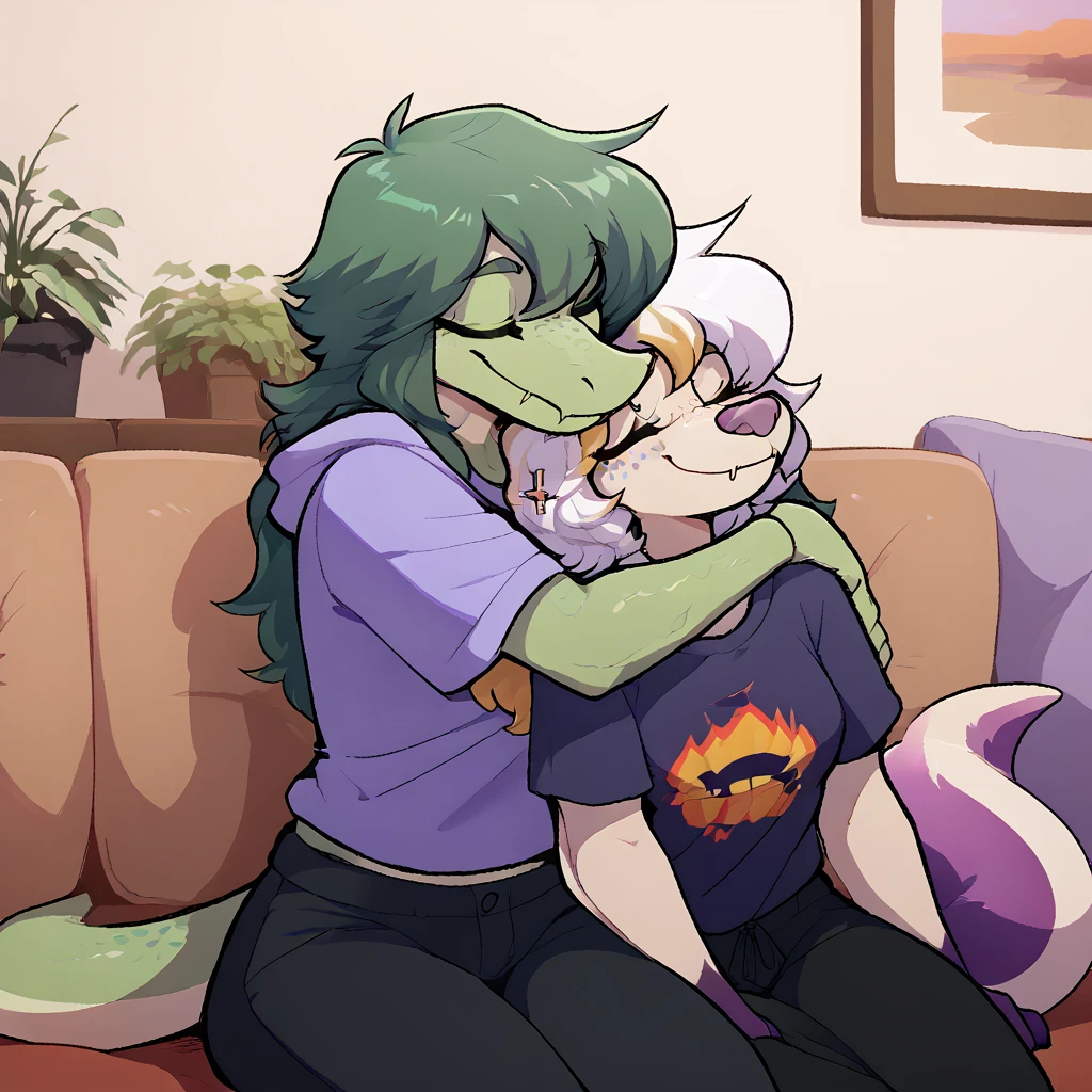 score_9_up, score_8_up, score_7_up, score_6_up, by remanedur, furry, half-length portrait,  female, sugar glider, multicolored hair, blonde highlights,  medium breasts, eyes closed,  t-shirt, midriff, industrial piercing, ear piercing, long hair, happy, smile, head tilt, Olivia-Halford-iwhtg, baryonyx, short hair, green hair, freckles,  eyes closed,  green scales, tail, purple hoodie, black pants, 2girls, hug, sitting, on couch, living room,  <lora:Leah_Pines(AIM)_XL_v1:0.15> <lora:PDXL_artist_tags_v2_big:0.5> <lora:The-Minuscule-Task_PDXL_v1.0:0.6>  <lora:Skye_Its_Dreamless:0.9> <lora:Olivia_Halford_XL:0.9> <lora:Hugging on couch (lesbian):0.7>