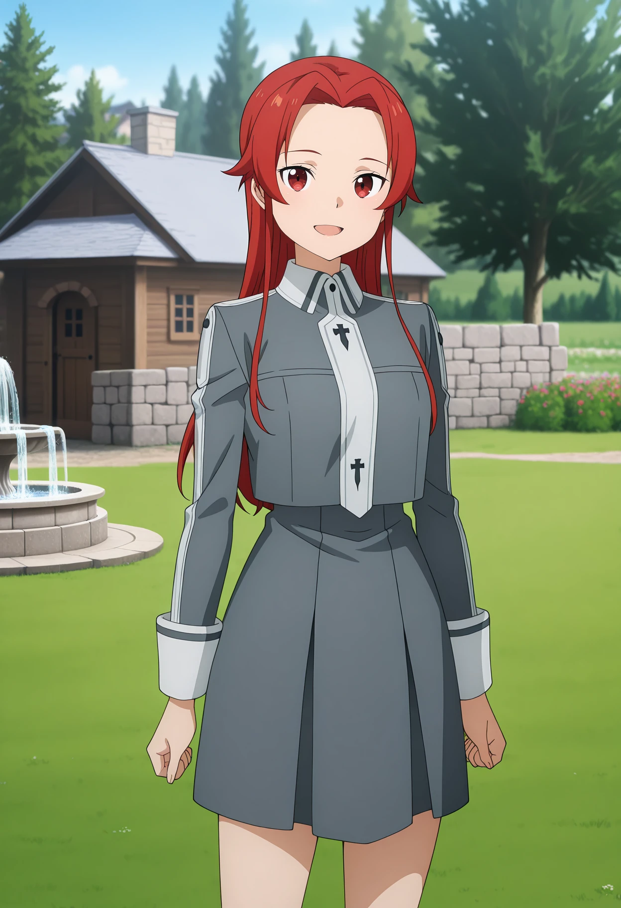 anime screencap, masterpiece, best quality,
1girl, solo, open mouth, smile,
parted bangs, forehead, long hair, red hair, red eyes,
collared jacket, cropped jacket, grey jacket, long sleeves, sleeve cuffs, high-waist skirt, miniskirt, grey skirt,
standing, looking at viewer, cowboy shot, legs,
medieval, fountain, tree, house, stone wall, grass, garden, day, photo background, blurry background,
<lora:SwordArtOnline_TieseShtolienen_IlluXL:0.9>