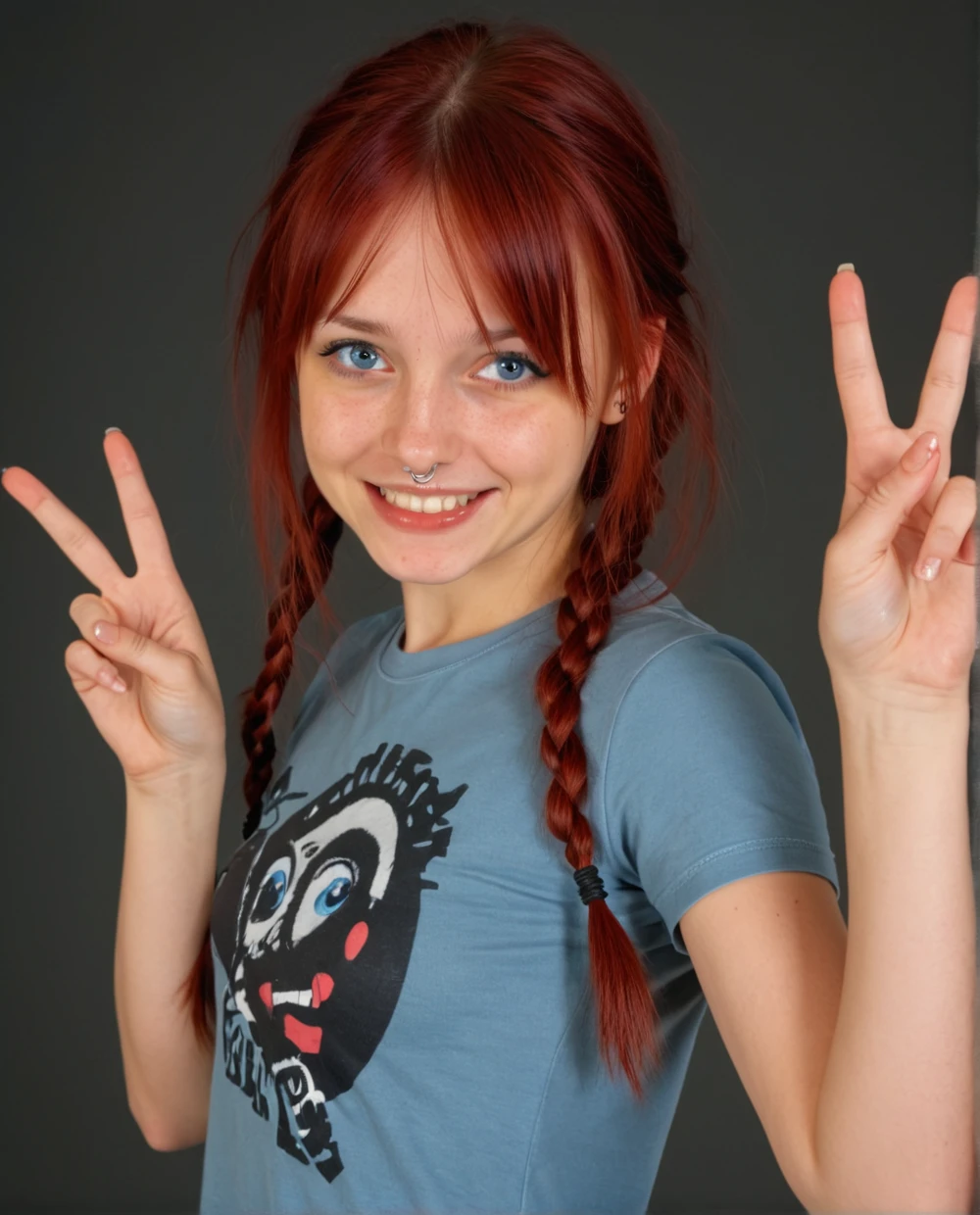 a happy girl posing for the camera giving a peace sign with her hand, , tshirt, extreme detail, dynamic pose, dynamic lighting, <lora:MajaFinalXL:1> 21 years old, dark red hair, blue eyes, high detail face, high detail eyes, braided hair,
