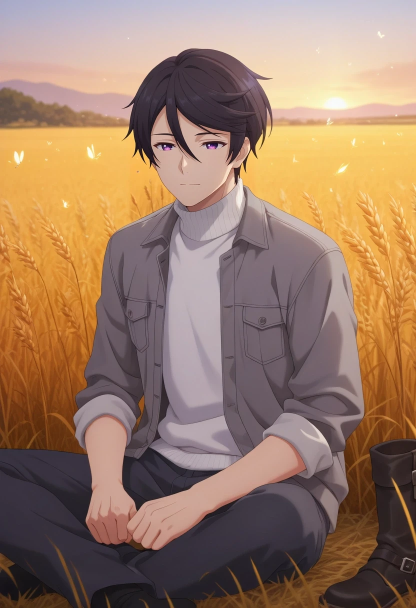 masterpiece, best quality, amazing quality, very aesthetic, high resolution, ultra-detailed, absurdres, newest, colorful, highest detailed, very awa, , anime screencap, anime coloring, official style,, 1boy, solo, male focus, <lora:amane_fujimiya_ilxl:0.9>, amane_fujimiya, black hair, purple eyes, short hair, bangs, hair between eyes, swept bangs, turtleneck sweater, white sweater, grey jacket, sitting in field, calm expression, wheat field at golden hour, rolled up sleeves, worn boots, glowing insects \(background\), rustic horizon, warm light gradients, long grass movement, countryside stillness, dust haze, cinematic nostalgia tone, 4k ultra realism, soft shadows, detailed foliage