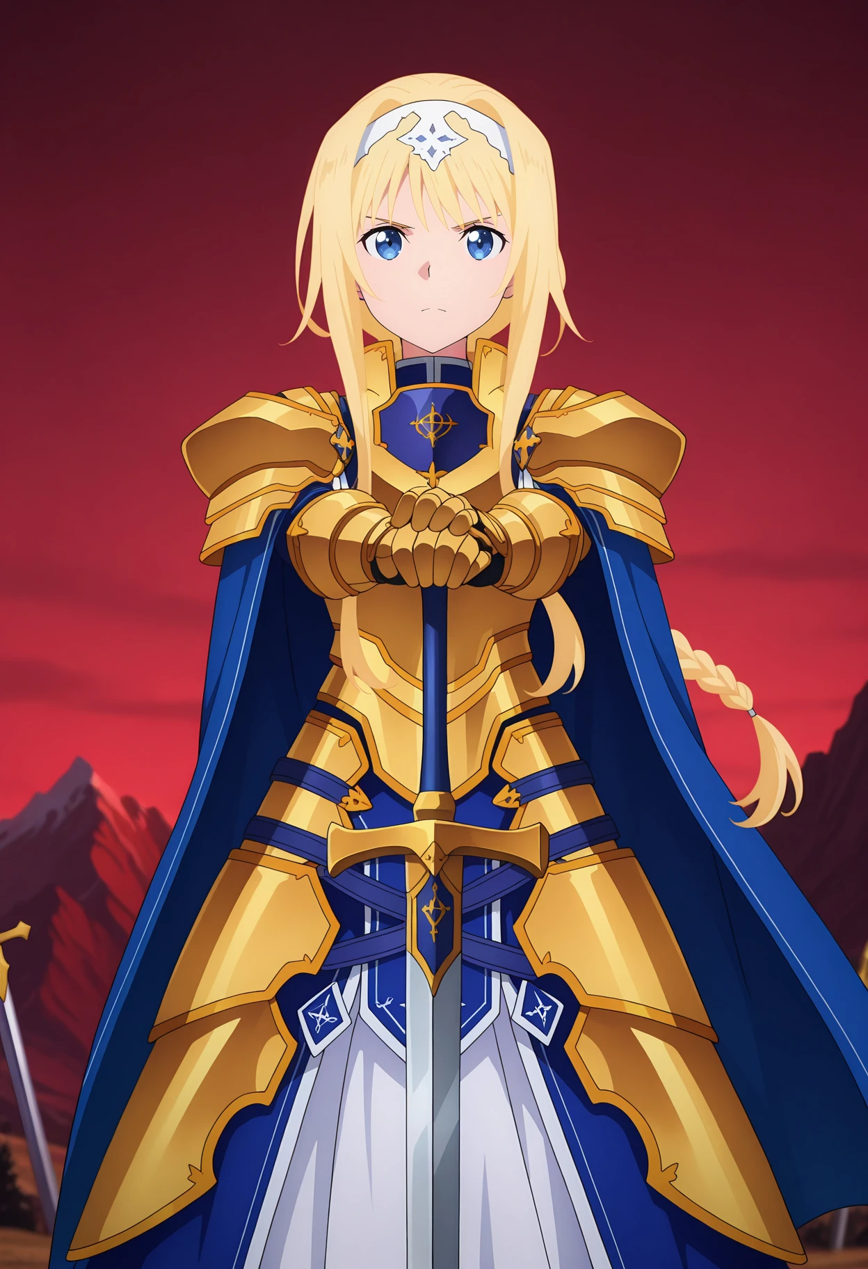 anime screencap, masterpiece, best quality,
1girl, solo, serious, 
braided ponytail, long hair, blonde hair, blue eyes,
AliceArmor, white hairband, gold armor, pauldrons, blue cape, gauntlets, faulds, long skirt, white skirt, 
hands on hilt, planted sword,
standing, looking at viewer, cowboy shot,
red sky, scenery, mountain, dark, photo background, blurry background,
<lora:SwordArtOnline_AliceSchuberg_IlluXL:0.9>