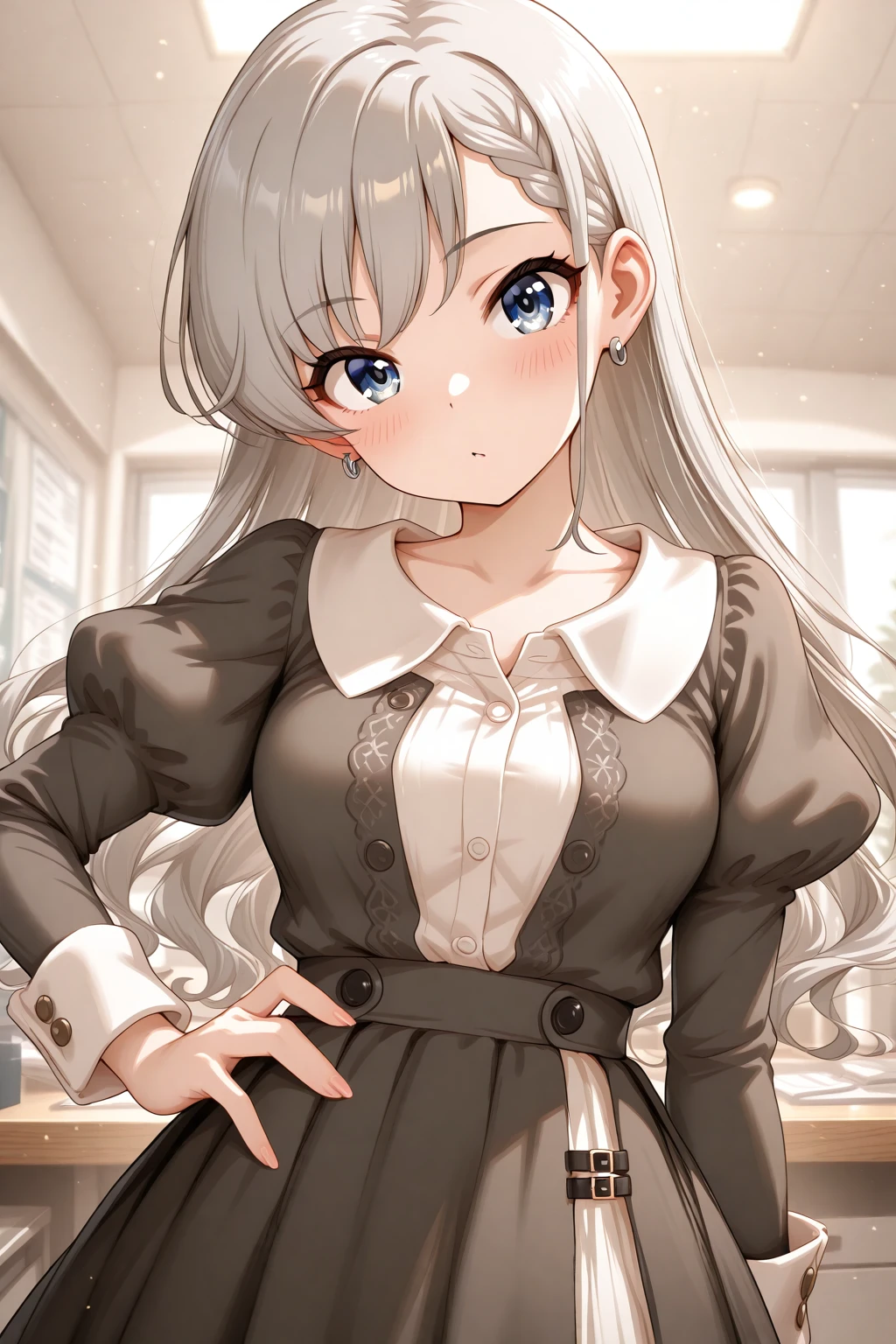 masterpiece, best quality, amazing quality, 1girl, solo, makeup, general, cowboy shot, looking at viewer, blush, dramatic angle, confident, active, lovely, indoors, office, hand on own hip, head tilt, <lora:Hisakawa_Hayate_Cinderella:1>, Hisakawa_Hayate_Cinderella, long hair, grey hair, braided bangs, blue eyes, breasts, shirt, long sleeves, dress, jewelry, collarbone, white shirt, earrings, collared shirt, puffy sleeves, black dress, dress shirt, buttons, juliet sleeves, collared dress, unbuttoned, sleeve cuffs, partially unbuttoned, unbuttoned shirt, <lora:wai-2Rectified-V140:1>, <lora:illustrious_noobai_epsilon_pred_1_masterpieces_v1:1>