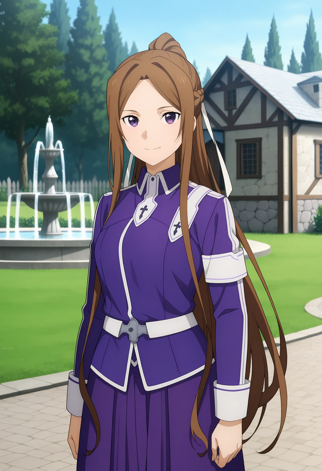 anime screencap, masterpiece, best quality,
1girl, solo, closed mouth, smile,
parted bangs, french braid, high ponytail, very long hair, brown hair, purple eyes, hair ribbon, white ribbon,
collared jacket, purple jacket, white armband, long sleeves, white belt, long skirt, pleated skirt, purple skirt,
standing, looking at viewer, cowboy shot,
medieval, fountain, tree, house, stone wall, grass, garden, day, photo background, blurry background,
<lora:SwordArtOnline_SortilienaSerlut_IlluXL:0.9>