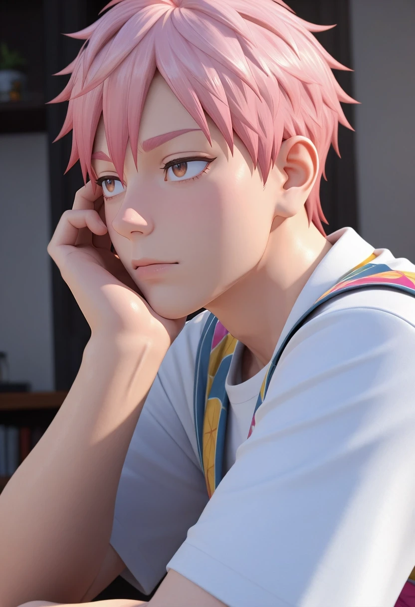 masterpiece, best quality, amazing quality, very aesthetic, high resolution, ultra-detailed, absurdres, newest, colorful, highest detailed, very awa, 3d, 1boy, solo, male focus, <lora:shion_asuma_ilxl:0.98>, shion_asuma, pink hair, brown eyes, short hair, ,