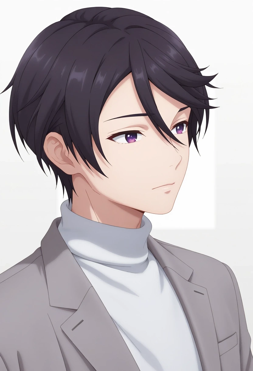 masterpiece, best quality, amazing quality, very aesthetic, high resolution, ultra-detailed, absurdres, newest, colorful, highest detailed, very awa, 3d, 1boy, solo, male focus, <lora:amane_fujimiya_ilxl:1>, amane_fujimiya, black hair, purple eyes, short hair, bangs, hair between eyes, swept bangs, turtleneck sweater, white sweater, grey jacket,