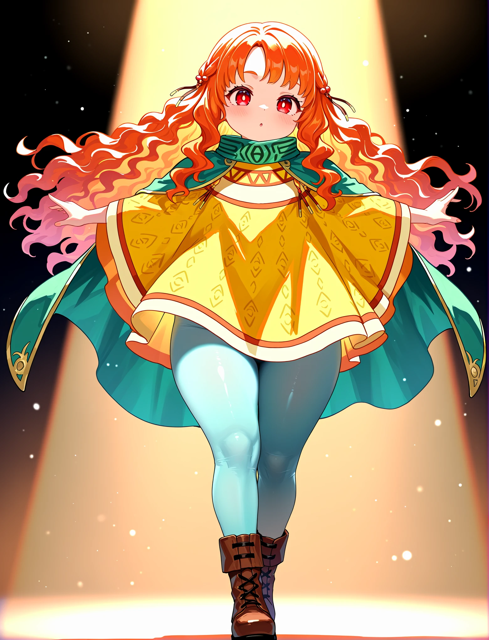 full body, dynamic pose, dancing, 1girl, solo,
<lora:LECO-mature_female_XL(ill)v11:1.5> thick thighs, wide hips, curvy, plump,
<lora:YuneRD:1> YuneRD, long hair, wavy hair, orange hair, red eyes, yellow poncho, light-blue pantyhose, brown boots, green cape,, masterpiece, best quality, amazing quality, very aesthetic, absurdres, newest, Smooth_Quality