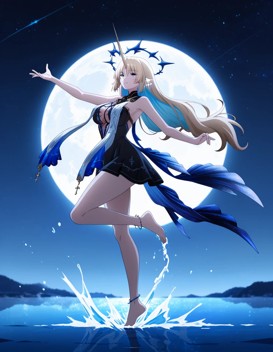 very awa, masterpiece, best quality, year 2024, newest, highres, absurdres, anime coloring, official art, key visual,
1girl, fleurdelys, blue eyes, blonde hair, colored inner hair, blue hair, single horn, spiked halo, floating earrings, high-low dress, necklace, stole, barefoot, anklet, happy,
standing on water, standing on one leg, graceful dancing, arms outstretched, elegant pose, water droplets, splashing,
moonlight, huge moon, starry sky, backlighting