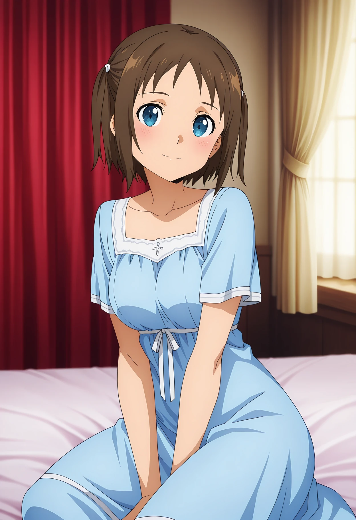 anime screencap, masterpiece, best quality,
1girl, solo, closed mouth, light smile, blush, head tilt,
two side up, short hair, brown hair, blue eyes,
blue nightgown, short sleeves, medium breasts, dress ribbon, white ribbon,
yokozuwari, looking at viewer,
medieval, on bed, curtains, photo background, blurry background
<lora:SwordArtOnline_RonyeArabel_IlluXL:0.9>