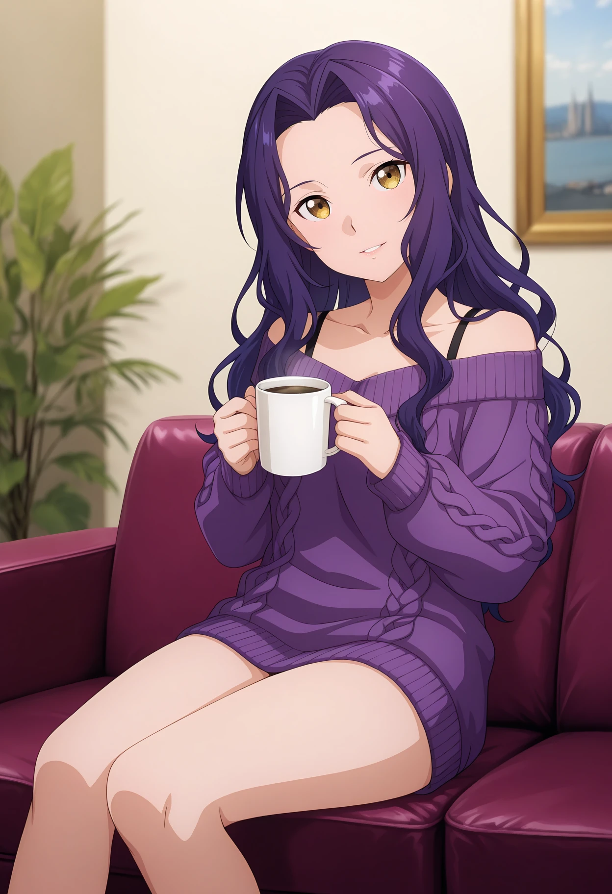anime screencap, masterpiece, best quality,
1girl, solo, parted lips, light smile, head tilt,
hair intakes, wavy hair, forehead, long hair, purple hair, yellow eyes,
off-shoulder sweater, aran sweater, purple sweater, bra strap, long sleeves, no pants,
holding cup, coffee mug,
sitting, looking at viewer, feet out of frame,
indoors, on couch, plant, photo background, blurry background
<lora:SwordArtOnline_FanatioSynthesisTwo_IlluXL:0.9>