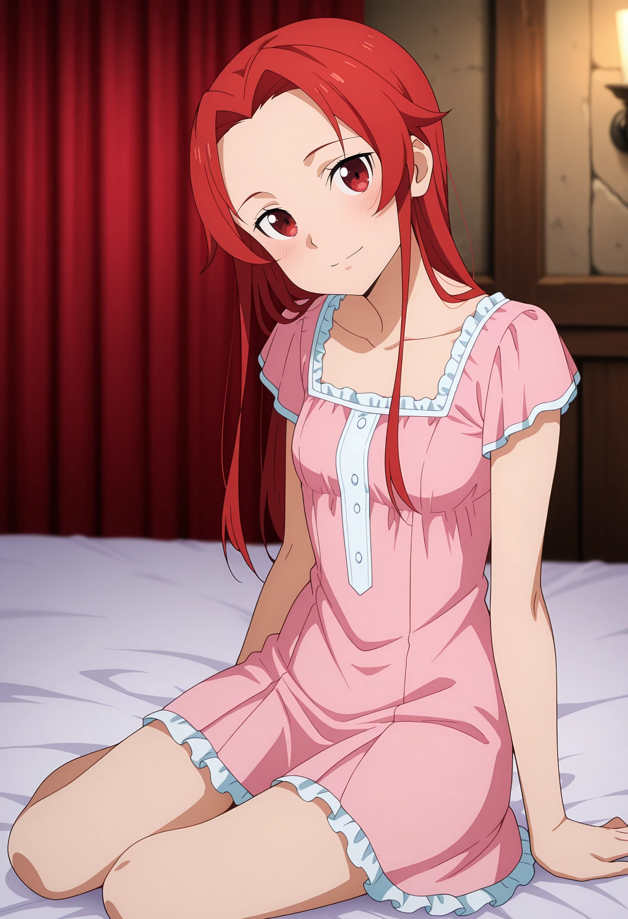 anime screencap, masterpiece, best quality,
1girl, solo, closed mouth, light smile, blush, head tilt,
parted bangs, forehead, long hair, red hair, red eyes,
sleepwear, frilled dress, pink dress, short dress, small breasts, 
yokozuwari, looking at viewer,
medieval, on bed, curtains, photo background, blurry background
<lora:SwordArtOnline_TieseShtolienen_IlluXL:0.9>