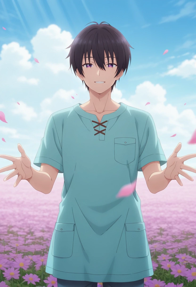 masterpiece, best quality, amazing quality, very aesthetic, high resolution, ultra-detailed, absurdres, newest, colorful, highest detailed, very awa, anime screencap, official style, anime coloring, cowboy shot, 1boy, solo, male focus, <lora:amane_fujimiya_ilxl:0.98>, amane_fujimiya, black hair, purple eyes, short hair, bangs, hair between eyes, , arms outstretched, joyful face, flower-covered hilltop, breezy tunic, fluttering petals, soft sunlight, tilt up view, detailed floral field, blue sky with clouds, bright color harmony, light fabric texture, fresh spring ambiance, detailed environment, 8k, cinematic depth of field, warm tones, natural framing