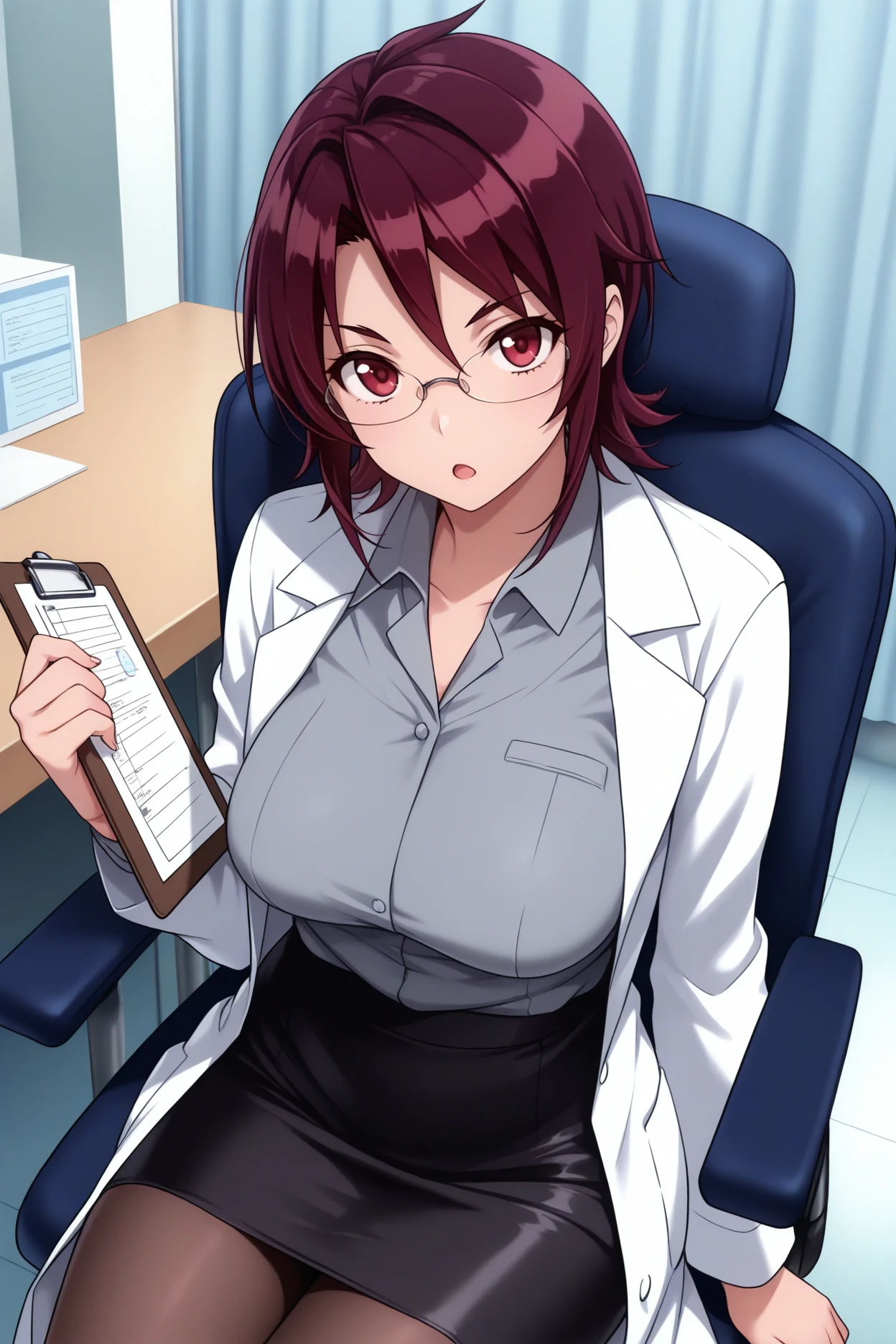 Highest quality、extremely detailed CG、One woman、27-year-old female、Huge breasts:1.3、sagging breast:1.3、White、white coat、white gown、Black inner shirt、Black inner shirtと白いコートを着てカメラに向かってポーズをとるアニメの女の子, (SFW) Safe at Work, breasts covered and SFW, (doctor), chic,Whiteを着て, Cel-shaded adult animation、Brown Hair、ponytail、Health Room、学校のHealth Room、health room、sitting in a swivel chair