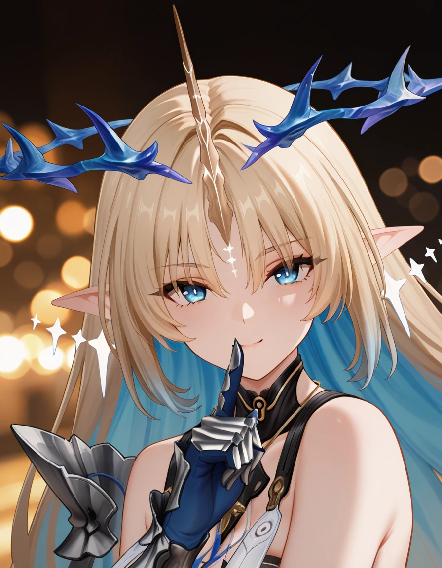very awa, masterpiece, best quality, year 2024, newest, highres, absurdres,
1girl, fleurdelys, blue eyes, grey pupils, blonde hair, colored inner hair, blue hair, single horn, spiked halo, floating earrings, dress, necklace, armor, necklace, soft smile, looking at viewer,
portrait, hand up, index finger raised, finger to mouth,
night, bokeh