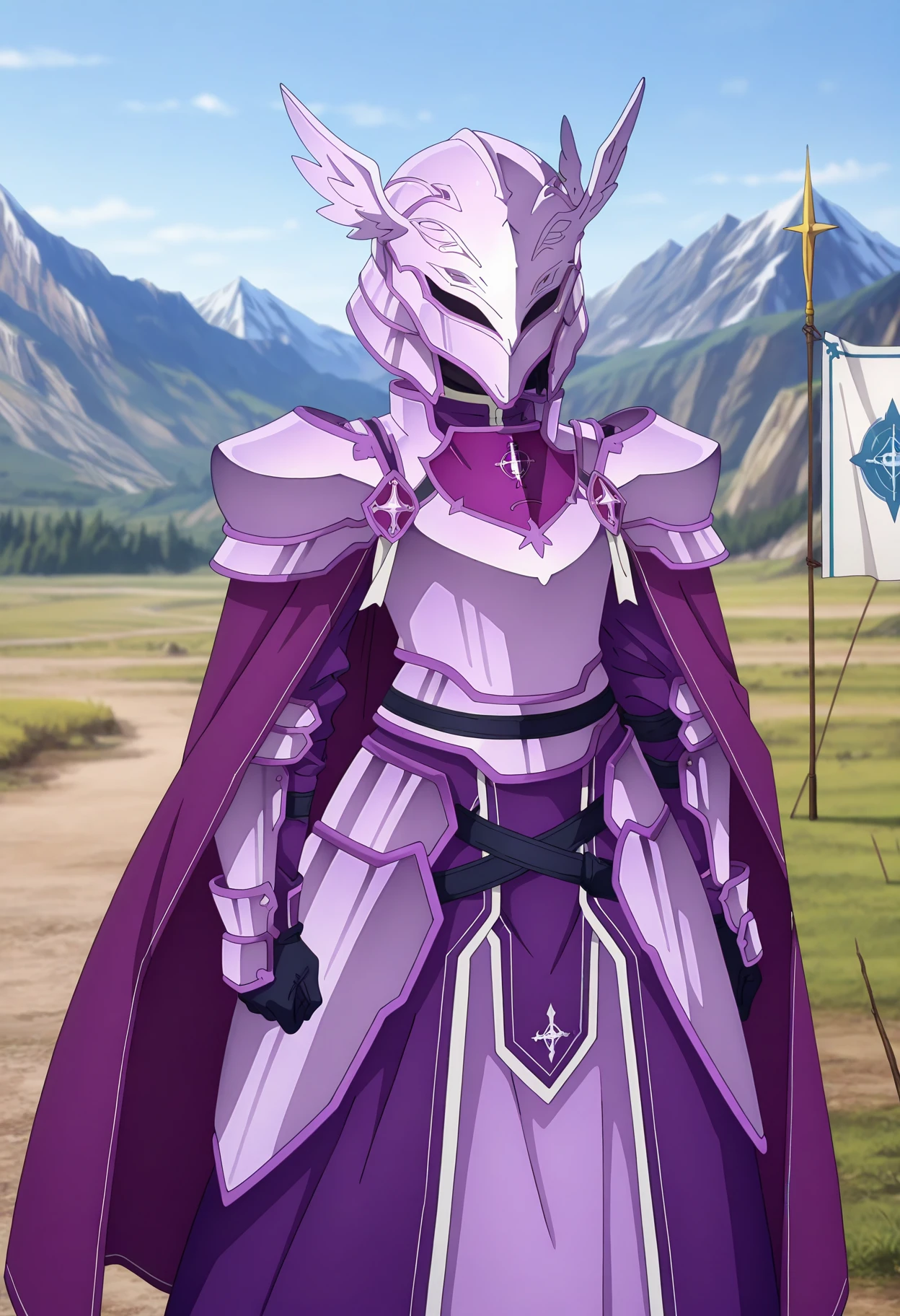 anime screencap, masterpiece, best quality,
1girl, solo,
winged helmet, no humans,
knight, armored dress, purple cape, purple armor, pauldrons, gauntlets, black gloves, black belt, faulds, long skirt, purple skirt,
standing, cowboy shot,
grass, banner, scenery, mountain, day, photo background, blurry background,
<lora:SwordArtOnline_FanatioSynthesisTwo_IlluXL:0.9>