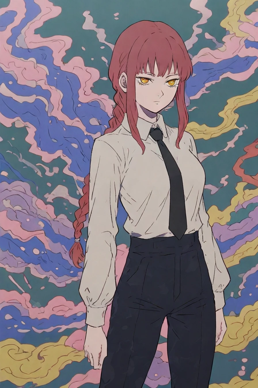 makima, red hair, long hair, yellow eyes, ringed eyes, braid, white collared shirt,black necktie, black pants, 1girl, solo, alone, <lora:mononoke_style_illustriousXL-000023:1>, mononoke_style, masterpiece, highres