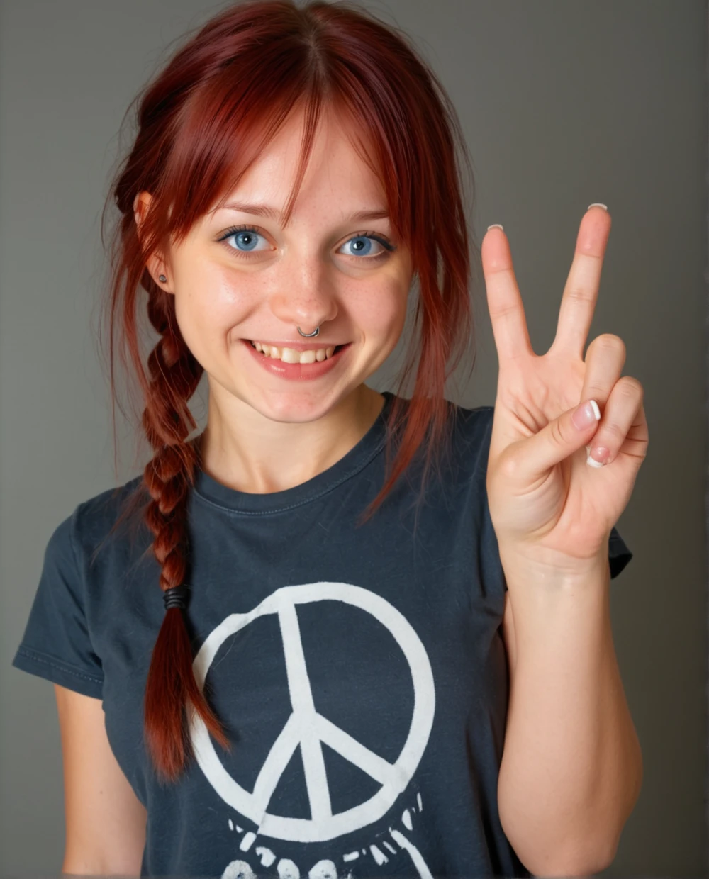 a happy girl posing for the camera giving a peace sign with her hand, , tshirt, extreme detail, dynamic pose, dynamic lighting,  <lora:MajaFinalXL:1> 21 years old, dark red hair, blue eyes, high detail face,  high detail eyes, braided hair,
