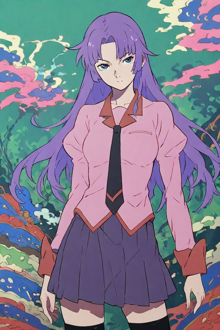 hitagi senjougahara, bangs, long hair, blue eyes, purple hair,skirt, thighhighs, school uniform, necktie, black thighhighs, zettai ryouiki, naoetsu high school uniform, 1girl, solo, alone, <lora:mononoke_style_illustriousXL-000023:1>, mononoke_style, masterpiece, highres