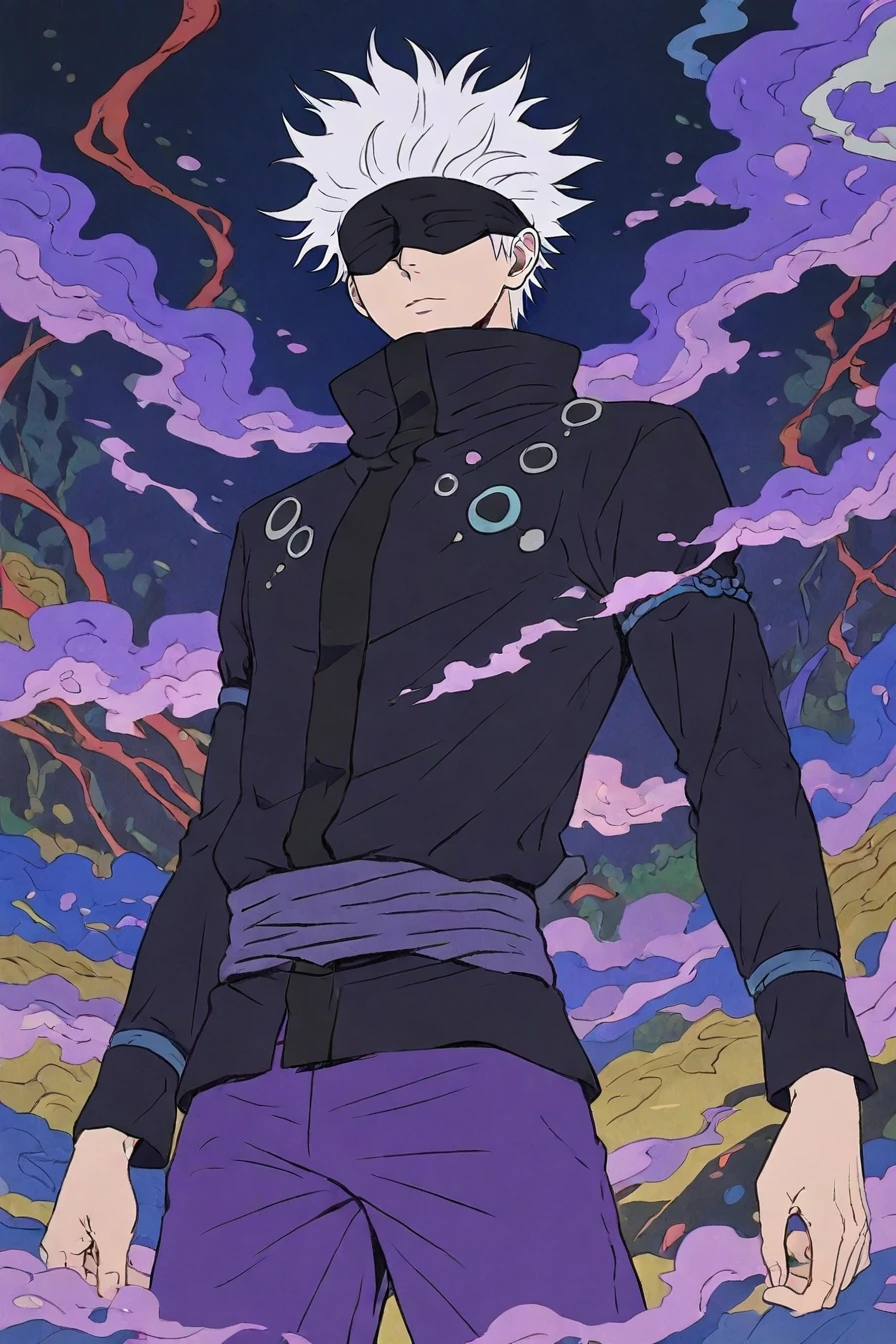 gojou satoru, white hair, purple pants, high collar, blindfold, covered eyes, black blindfold, purple jacket, purple pants, 1boy, solo, alone, <lora:mononoke_style_illustriousXL-000023:0.8>, mononoke_style, masterpiece, highres