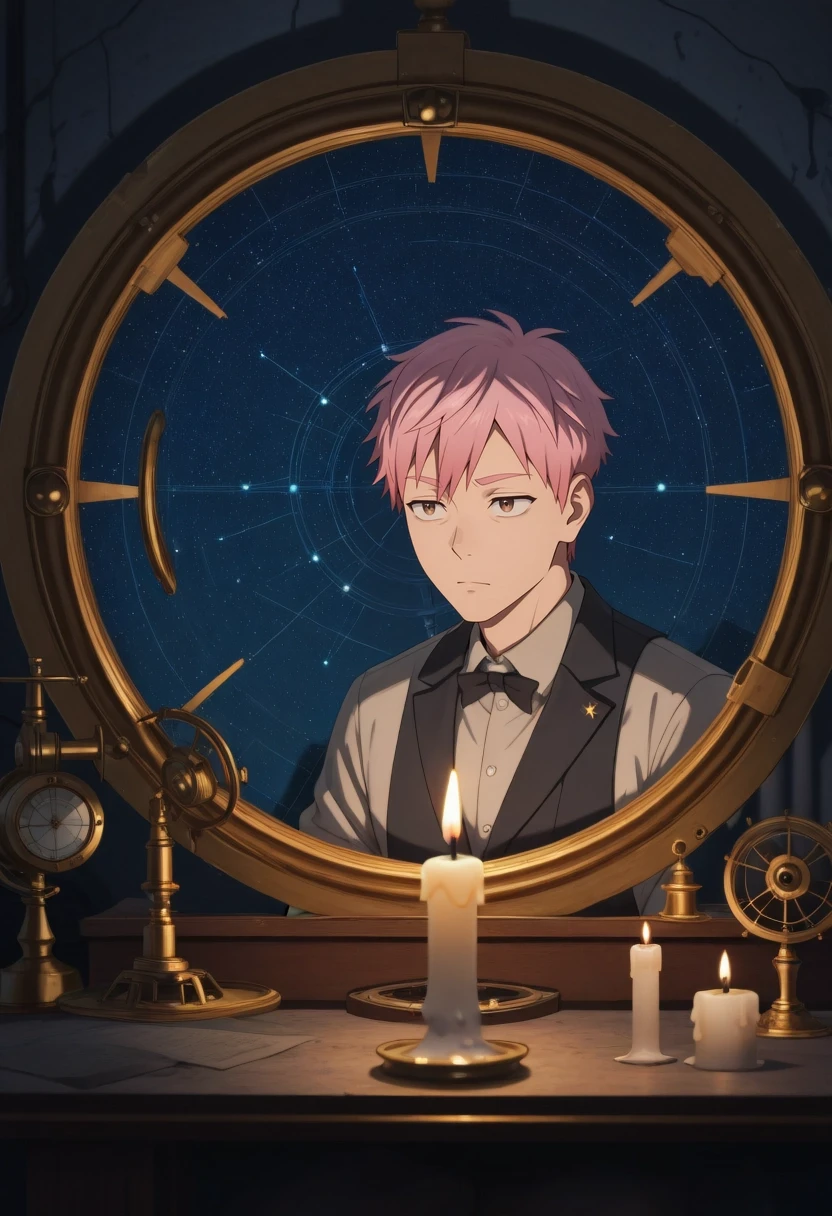 masterpiece, best quality, amazing quality, very aesthetic, high resolution, ultra-detailed, absurdres, newest, colorful, highest detailed, very awa, , (3d:0.4),, 1boy, solo, male focus, <lora:shion_asuma_ilxl:0.96>, shion_asuma, pink hair, brown eyes, short hair, , sitting, contemplative expression, abandoned observatory, vintage explorer attire, weak moonlight through broken dome, close-up, dusty telescopes, star charts strewn about, a single lit candle, intellectual, melancholic, detailed astronomical instruments, sharp focus, muted blues, clear view