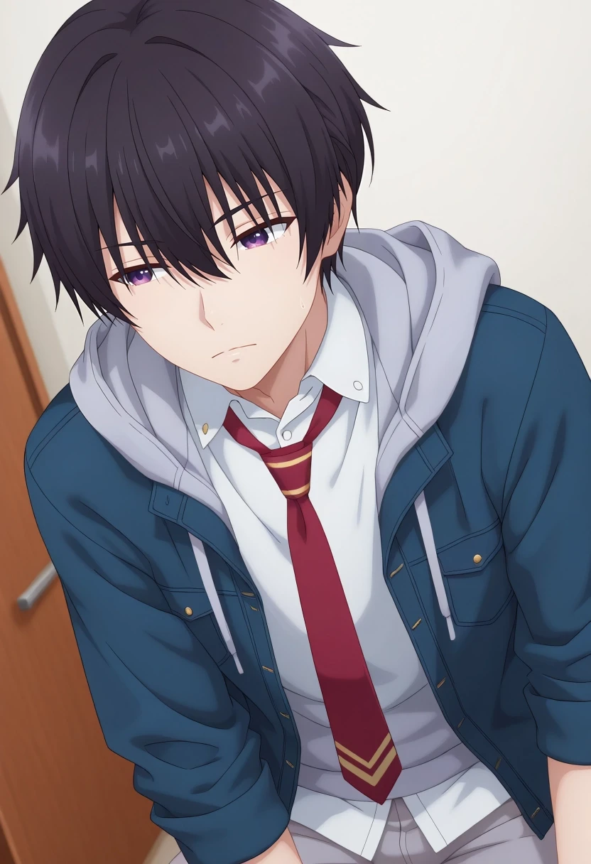 masterpiece, best quality, amazing quality, very aesthetic, high resolution, ultra-detailed, absurdres, newest, colorful, highest detailed, very awa, 3d, 1boy, solo, male focus, <lora:amane_fujimiya_ilxl:0.94>, amane_fujimiya, black hair, purple eyes, short hair, bangs, hair between eyes, blue jacket, grey hoodie, white shirt, collared shirt, red necktie, grey pants,