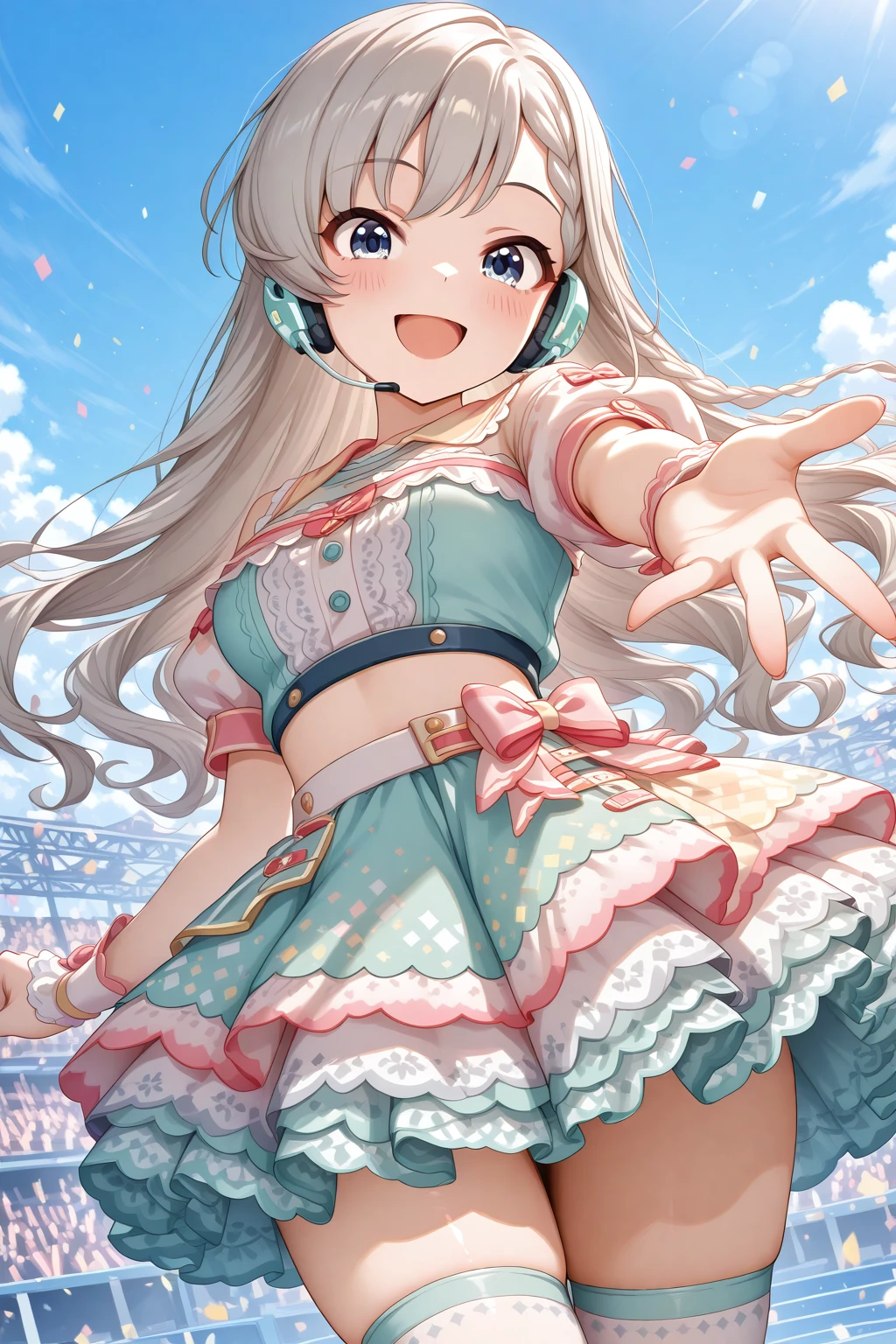 masterpiece, best quality, amazing quality, 1girl, solo, makeup, general, cowboy shot, looking at viewer, blush, dramatic angle, idol, outdoors, stage, smile, (headset), blue sky, streamers, outstretched arm, open mouth, <lora:Hisakawa_Hayate_Cinderella:1>, Hisakawa_Hayate_Cinderella, long hair, grey hair, braided bangs, blue eyes, breasts, twin braids, colorful outfit, aqua skirt, petticoat, confetti, ribbon, frills, midriff, bow, skirt, thighhighs, <lora:wai-2Rectified-V140:1>, <lora:illustrious_noobai_epsilon_pred_1_masterpieces_v1:1>