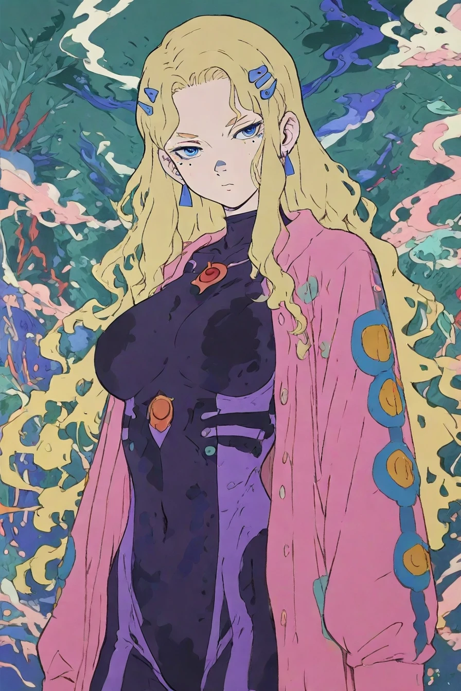 fuurinji miu, blonde hair, long hair, blue eyes, mole under right eyes, slim waist, large breast, pink jacket, purple bodysuit, hairclip, 1girl, solo, alone,<lora:mononoke_style_illustriousXL-000023:1>, mononoke_style, masterpiece, highres