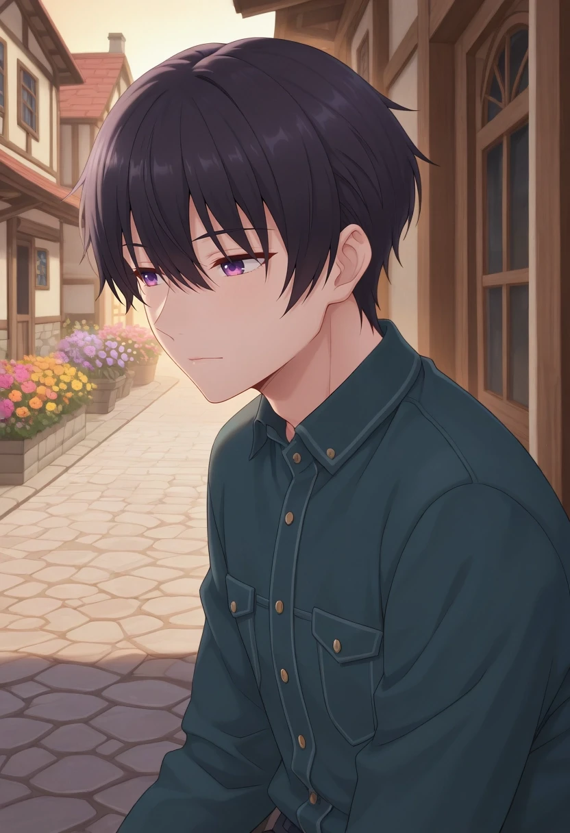 masterpiece, best quality, amazing quality, very aesthetic, high resolution, ultra-detailed, absurdres, newest, colorful, highest detailed, very awa, , ,, 1boy, solo, male focus, <lora:amane_fujimiya_ilxl:1>, amane_fujimiya, black hair, purple eyes, short hair, bangs, hair between eyes, , leaning, relaxed expression, quaint village square, casual attire, soft afternoon light, medium shot, cobblestone streets, timber-framed houses, blossoming flowers, peaceful, charming, detailed architecture, sharp focus, warm light, clear view