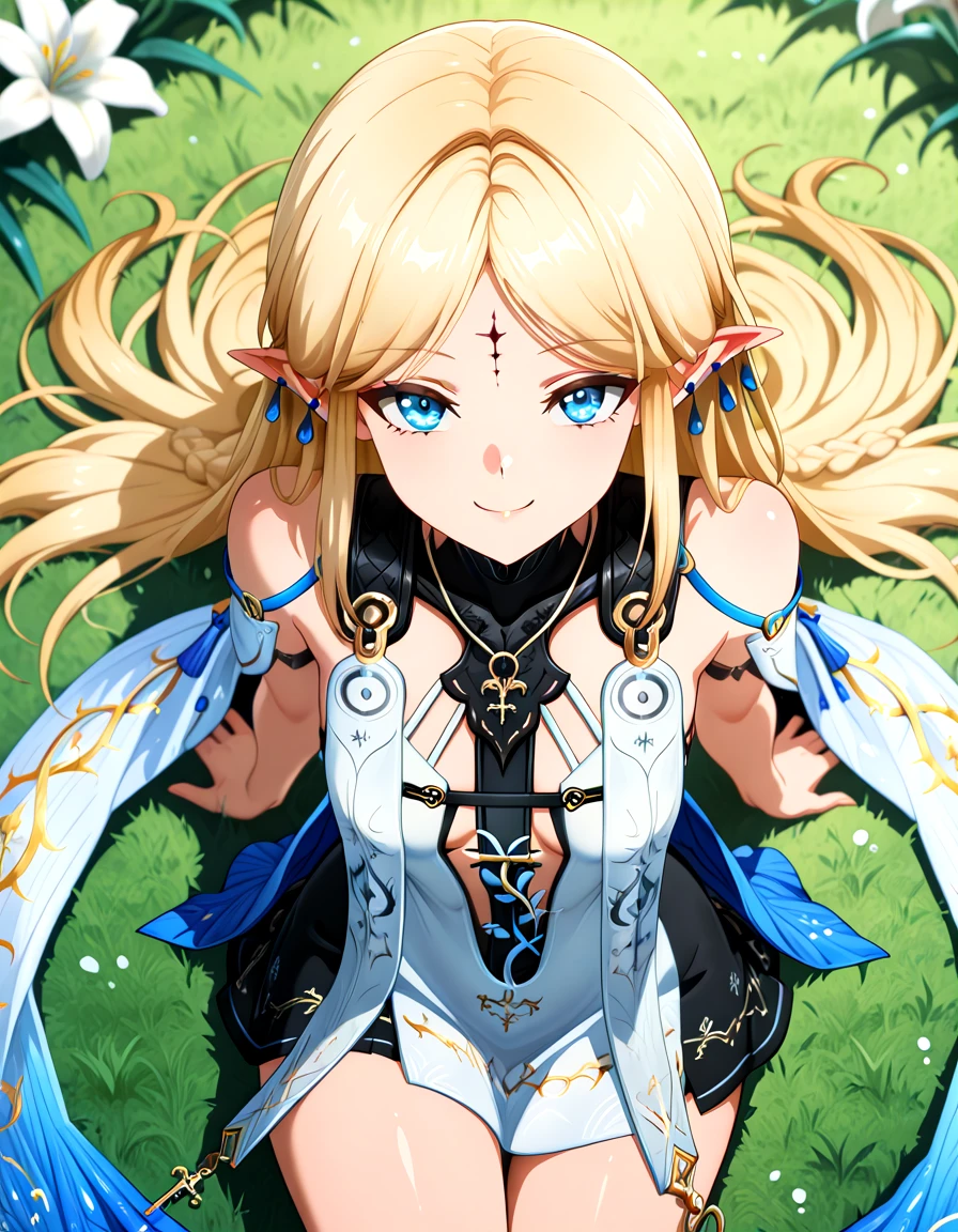 very awa, masterpiece, best quality, year 2024, newest, highres, absurdres, anime coloring, official art, key visual,
1girl, cartethyia, blue eyes, grey pupils, blonde hair, forehead tattoo, teardrop earrings, dress, necklace, tabard, stole, happy, smile, looking at viewer,
from above, reclining, on ground, leaning back, arm support, hair spread out,
lily, grass, depth of field