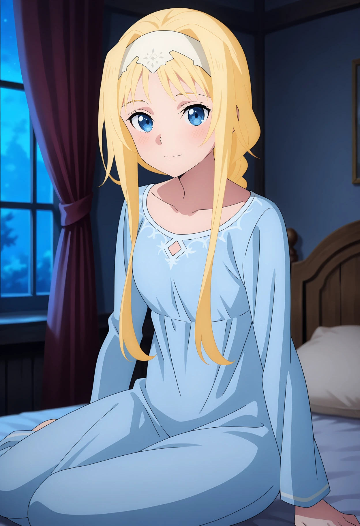 anime screencap, masterpiece, best quality,
1girl, solo, closed mouth, light smile, blush,
braided ponytail, long hair, blonde hair, blue eyes, white hairband,
AliceSleepwear, collarbone, sleepwear, light blue dress, long dress, long sleeves,
yokozuwari, looking at viewer,
medieval, on bed, curtains, night, dark, photo background, blurry background
<lora:SwordArtOnline_AliceSchuberg_IlluXL:0.9>