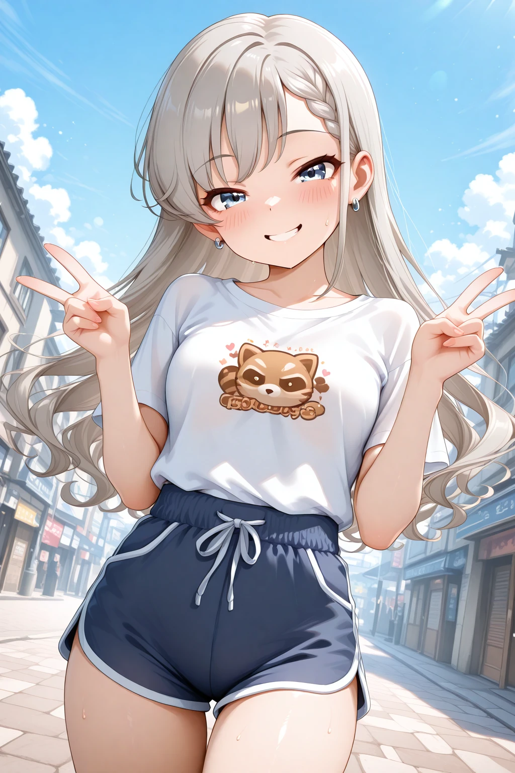 masterpiece, best quality, amazing quality, 1girl, solo, makeup, general, cowboy shot, looking at viewer, blush, dramatic angle, sweatdrop, lovely, outdoors, v, mesugaki, evil smile, seductive smile, seduce, street, hands up, adorable, sky, <lora:Hisakawa_Hayate_Cinderella:1>, Hisakawa_Hayate_Cinderella, long hair, grey hair, braided bangs, blue eyes, breasts, <lora:Spiffo_T_Shirt:1>, Spiffo_T_Shirt, t-shirt, white shirt, print shirt, short sleeves, raccoon print, black dolphin shorts, <lora:wai-2Rectified-V140:1>, <lora:illustrious_noobai_epsilon_pred_1_masterpieces_v1:1>