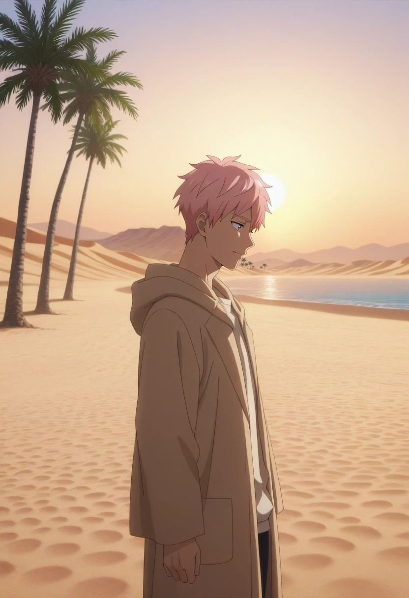 masterpiece, best quality, amazing quality, very aesthetic, high resolution, ultra-detailed, absurdres, newest, colorful, highest detailed, very awa, anime screencap, official style, anime coloring, cowboy shot, 1boy, solo, male focus, <lora:shion_asuma_ilxl:1>, shion_asuma, pink hair, brown eyes, short hair, , meditating, serene expression, desert oasis, flowing robes, golden hour light, wide shot, calm water, palm trees, sand dunes, distant mountains, tranquil, spiritual, detailed reflections, sharp focus, warm tones, clear view