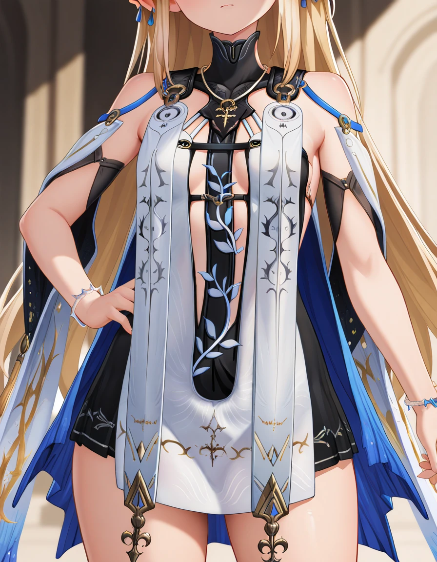 very awa, masterpiece, best quality, year 2024, newest, highres, absurdres,
1girl, cartethyia, blonde hair, dress, necklace, tabard, stole, bracelet,
clothing focus, cowboy shot, head out of frame, hand on hip