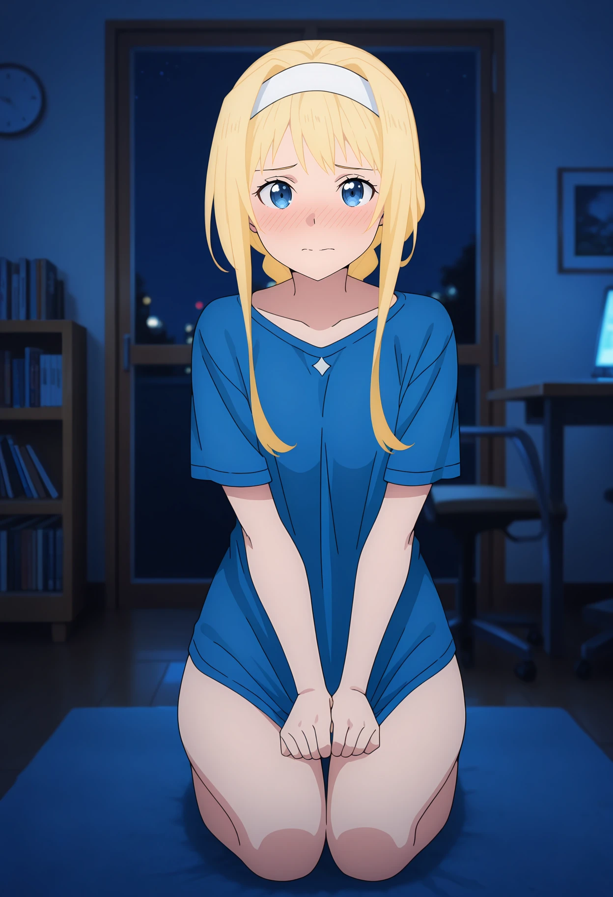 anime screencap, masterpiece, best quality,
1girl, solo, closed mouth, embarrassed, nose blush,
braided ponytail, long hair, blonde hair, blue eyes, white hairband,
AliceBlueShirt, t-shirt, blue shirt, no pants,
seiza, looking at viewer, full body, shirt tug, 
bedroom, night, dark, desk, chair, bookshelf, blue theme, photo background, blurry background
<lora:SwordArtOnline_AliceSchuberg_IlluXL:0.9>