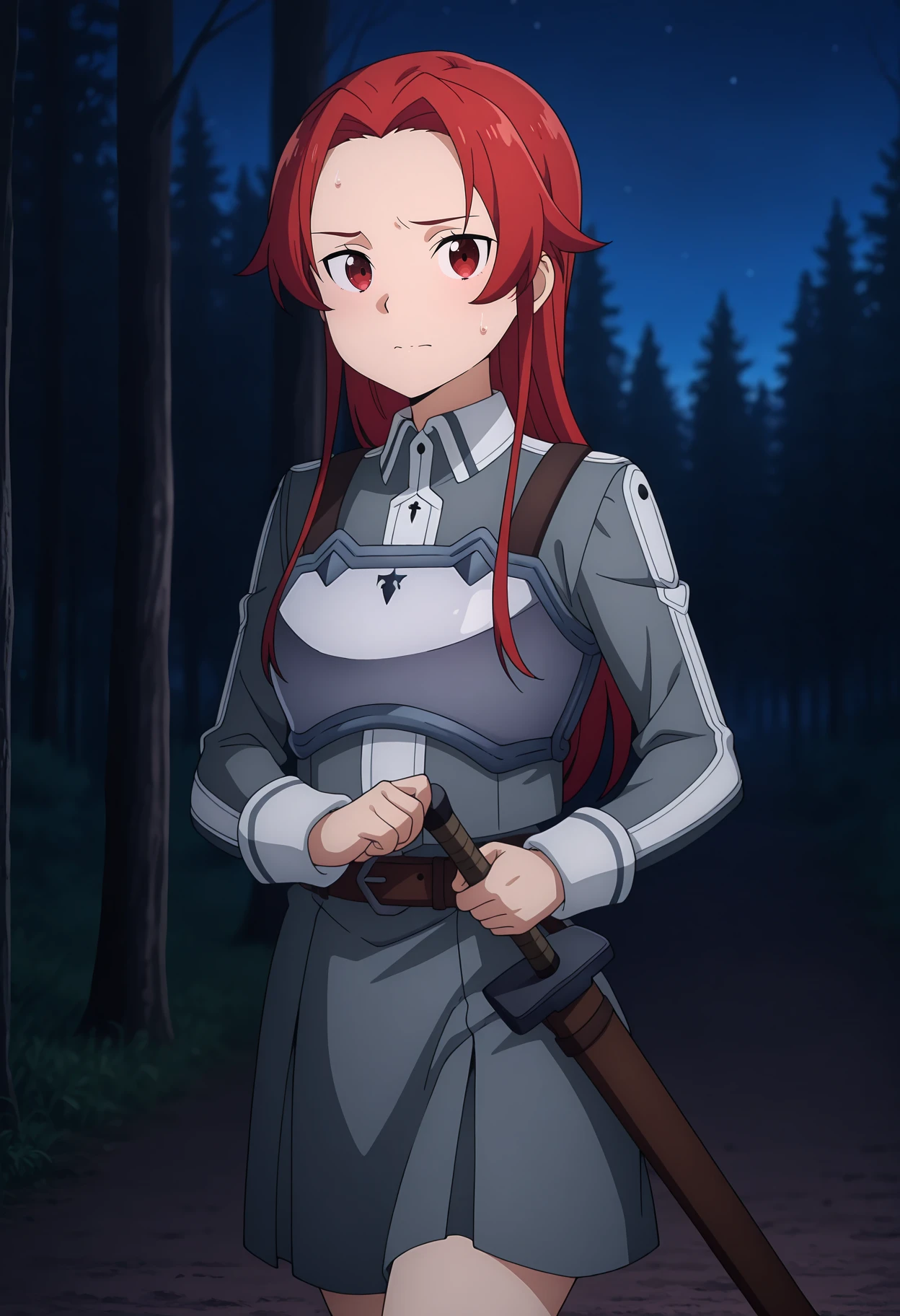anime screencap, masterpiece, best quality,
1girl, solo, nervous, sweatdrop,
parted bangs, forehead, long hair, red hair, red eyes,
collared jacket, cropped jacket, grey jacket, long sleeves, sleeve cuffs, high-waist skirt, miniskirt, grey skirt,
breastplate, brown belt, sheathed, battoujutsu stance, ready to draw,
walking, looking at viewer, cowboy shot, legs,
dark, night, forest, night sky, photo background, blurry background,
<lora:SwordArtOnline_TieseShtolienen_IlluXL:0.9>