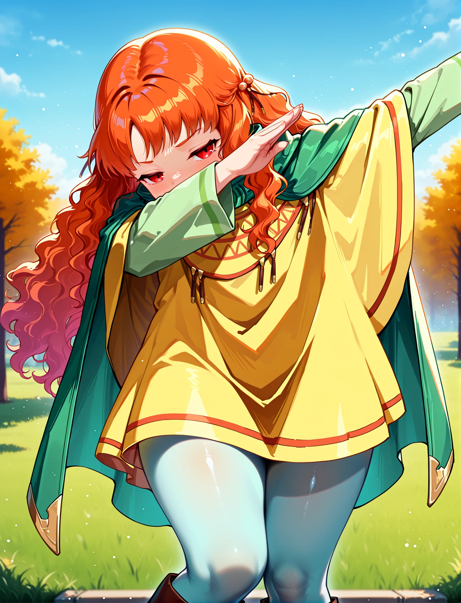 <lora:LECO-mature_female_XL(ill)v11:1> thick thighs, wide hips, curvy, plump,
<lora:YuneRD:1> YuneRD, long hair, wavy hair, orange hair, red eyes, yellow poncho, light-blue pantyhose, brown boots, green cape,
<lora:Dab:1> dabbing (pose), outstretched arm, covered face, leaning to the side, masterpiece, best quality, amazing quality, very aesthetic, absurdres, newest, Smooth_Quality