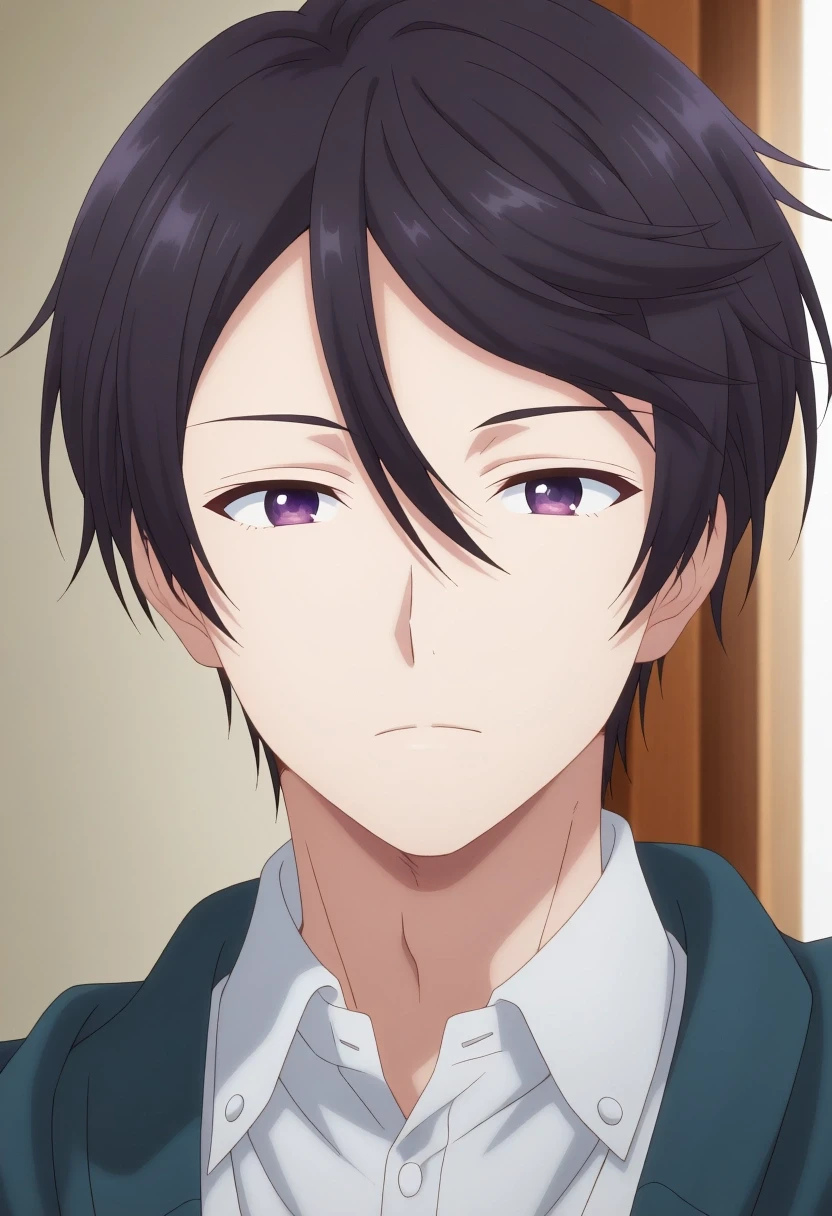 masterpiece, best quality, amazing quality, very aesthetic, high resolution, ultra-detailed, absurdres, newest, colorful, highest detailed, very awa, , anime screencap, , official style, looking at viewer, 1boy, solo, male focus, <lora:amane_fujimiya_ilxl:1>, amane_fujimiya, black hair, purple eyes, short hair, bangs, hair between eyes, swept bangs, ,
