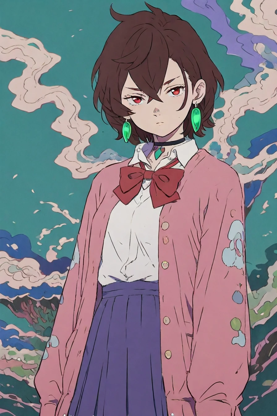 <lora:ayase_momo-koto-Illustrious v01:0.4> ayasemomo, hair between eyes, crossed bangs, green earrings, brown hair, red eyes, black choker, short hair, white shirt, red bowtie,pleated skirt,school uniform, pink cardigan, long sleeves, 1girl, solo, alone, <lora:mononoke_style_illustriousXL-000023:1>, mononoke_style, masterpiece, highres