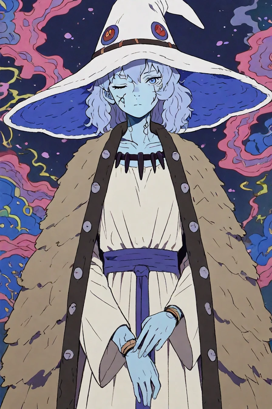<lora:Ranni_illusXLNoobAI_Incrs_v1:0.4> RnnDef, blue eyes, one eye closed, blue hair, wavy hair, blue skin, colored skin, cracked skin, doll joints, witch hat, large hat, white headwear, white dress, long sleeves, fur cloak, brown cloak, 1girl, solo ,alone, <lora:mononoke_style_illustriousXL-000023:0.8>, mononoke_style, masterpiece, highres