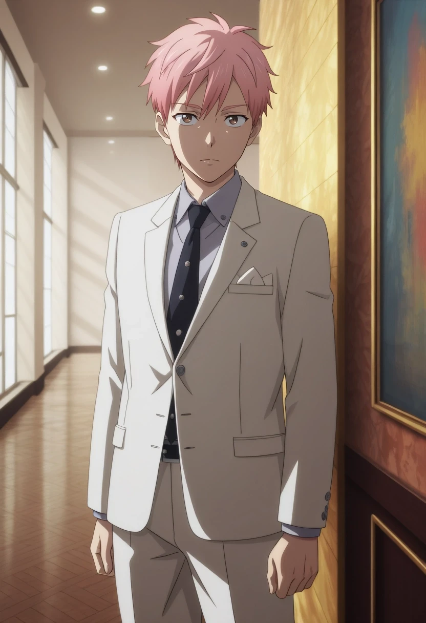 masterpiece, best quality, amazing quality, very aesthetic, high resolution, ultra-detailed, absurdres, newest, colorful, highest detailed, very awa, , anime screencap, anime coloring, official style, looking at viewer, 1boy, solo, male focus, <lora:shion_asuma_ilxl:0.94>, shion_asuma, pink hair, brown eyes, short hair, , leaning, contemplative expression, modern art gallery, tailored suit, soft ambient light, medium shot, abstract sculptures, minimalist design, polished floors, muted colors, subtle reflections, quiet, sophisticated, detailed textures, clean lines, sharp focus, serene atmosphere