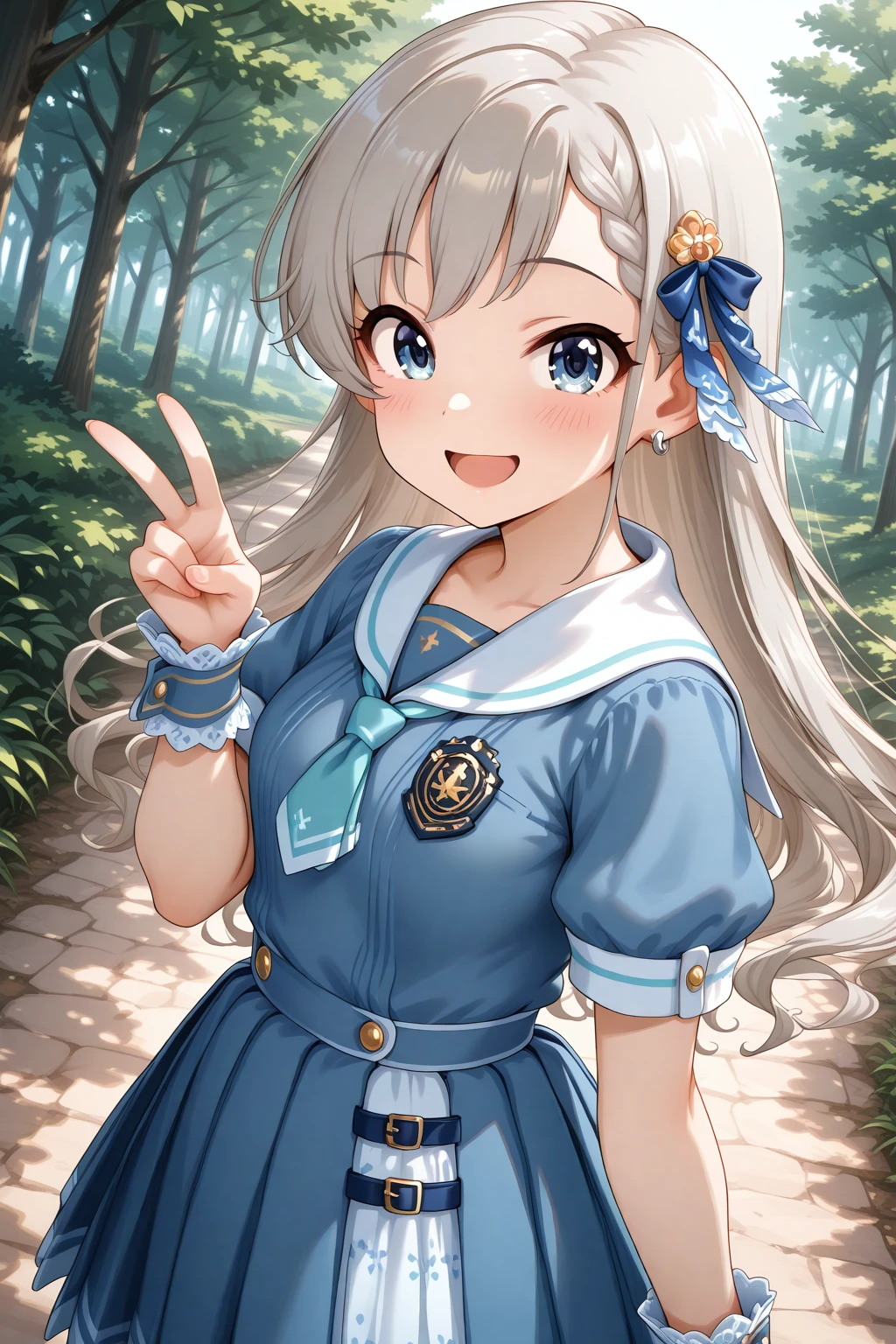 masterpiece, best quality, amazing quality, 1girl, solo, makeup, general, upper body, looking at viewer, blush, dramatic angle, confident, active, lovely, from side, beautiful scenery, outdoors, nature, smile, v, open mouth, <lora:Hisakawa_Hayate_Cinderella:1>, Hisakawa_Hayate_Cinderella, long hair, grey hair, braided bangs, blue eyes, breasts, hair ornament, hair ribbon, short sleeves, frills, jewelry, wrist cuffs, white sailor collar, blue dress, blue skirt, blue necktie, short necktie, white socks, loafers, brown footwear, pleated dress, sailor dress, blue ribbon, <lora:wai-2Rectified-V140:1>, <lora:illustrious_noobai_epsilon_pred_1_masterpieces_v1:1>