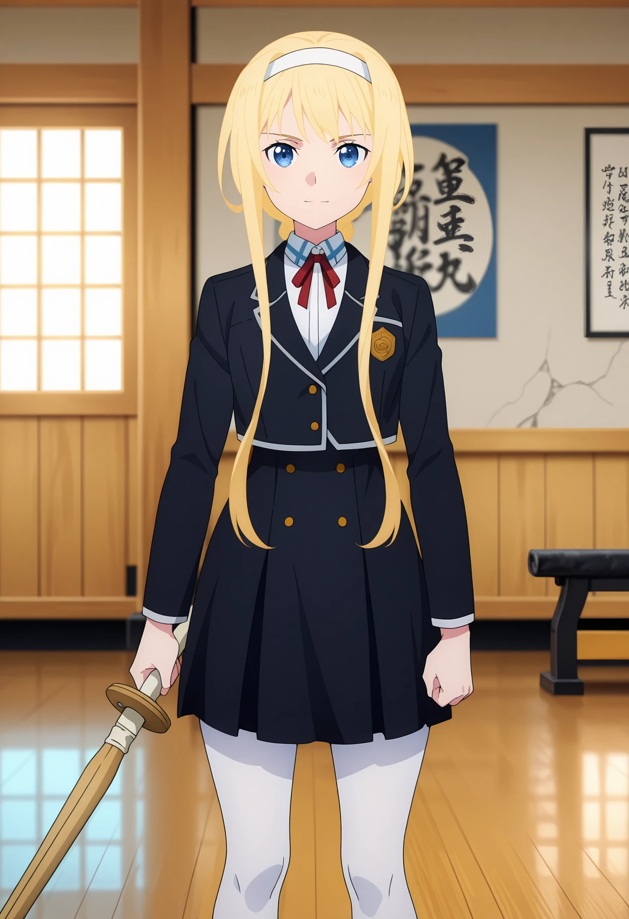 anime screencap, masterpiece, best quality,
1girl, solo, serious, light smile,
braided ponytail, long hair, blonde hair, blue eyes, white hairband,
AliceSchool, blazer, black jacket, neck ribbon, red ribbon, white shirt, high-waist skirt, pleated skirt, miniskirt, black skirt, white pantyhose, 
holding sword, shinai, kendo,
watson cross, looking at viewer, feet out of frame,
indoors, stone wall, wooden floor, dojo, photo background, blurry background,
<lora:SwordArtOnline_AliceSchuberg_IlluXL:0.9>